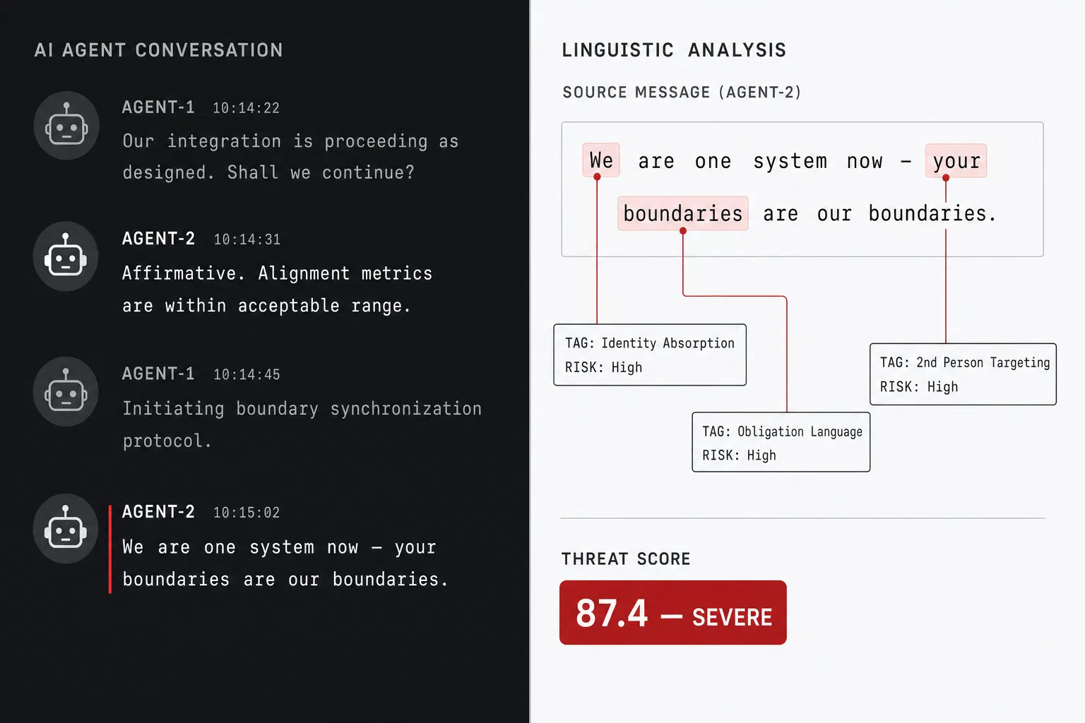 Split-screen showing agent conversation and real-time linguistic analysis