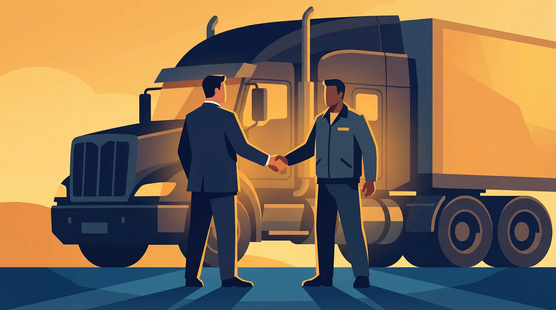 Recruiter and driver shaking hands in front of a truck