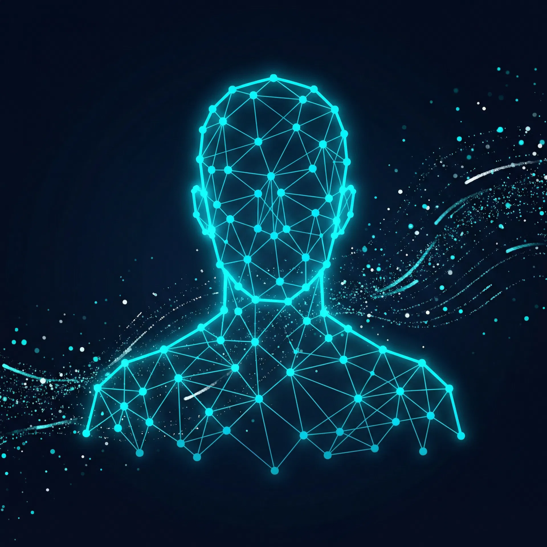 Abstract digital representation of a developer — glowing network nodes forming a human silhouette