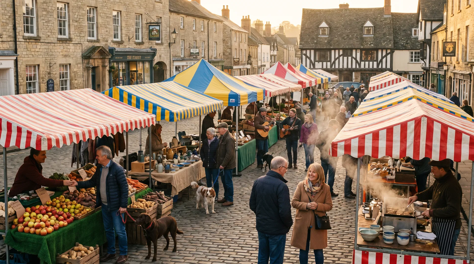 Bustling British market scene
