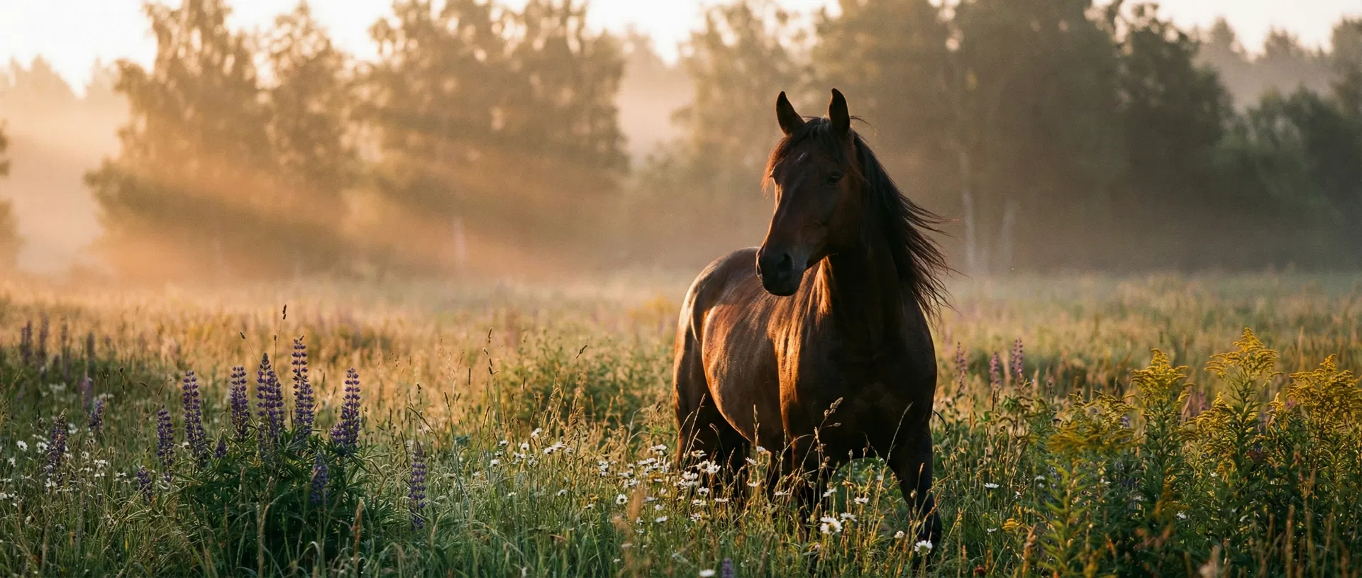 Majestic bay horse standing in a misty morning meadow at golden hour