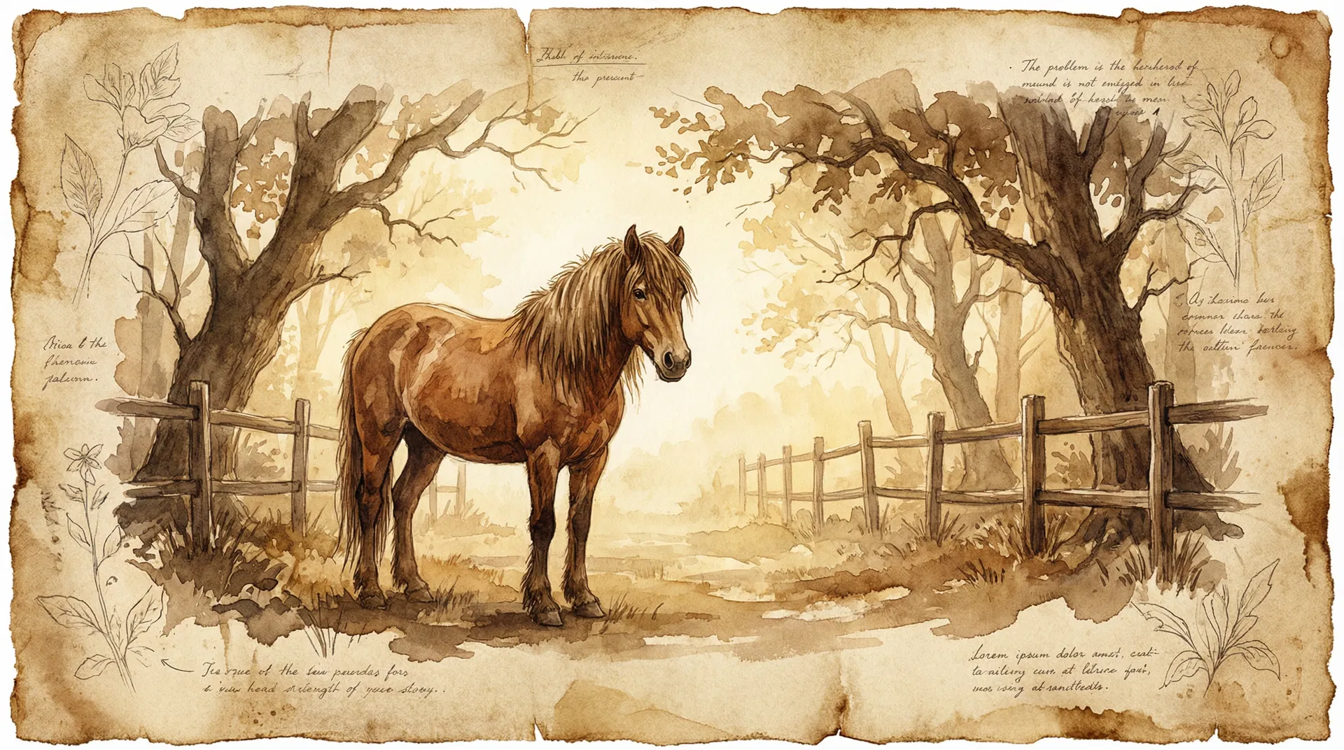 Watercolor horse in a misty paddock