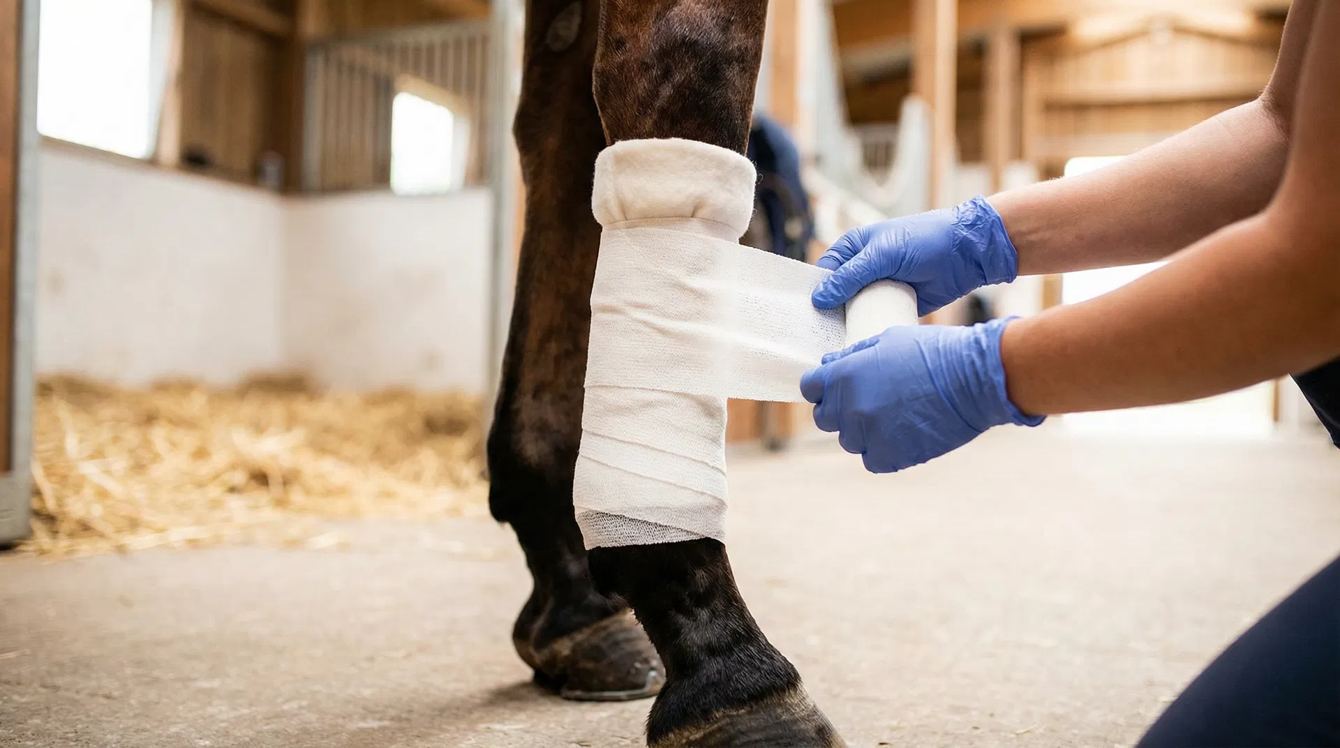 Hands in blue gloves carefully wrapping a horse's lower leg