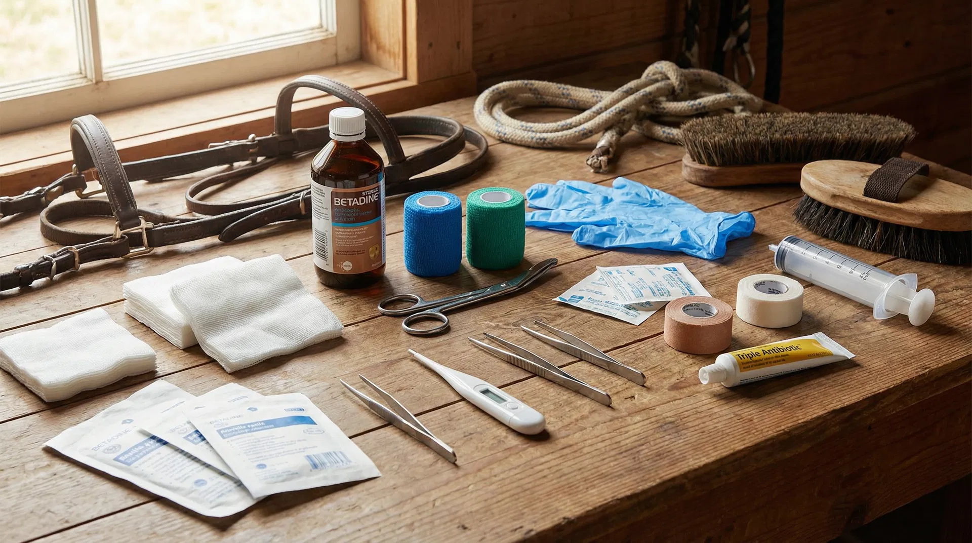 Equine first aid supplies laid out on a rustic tack room table