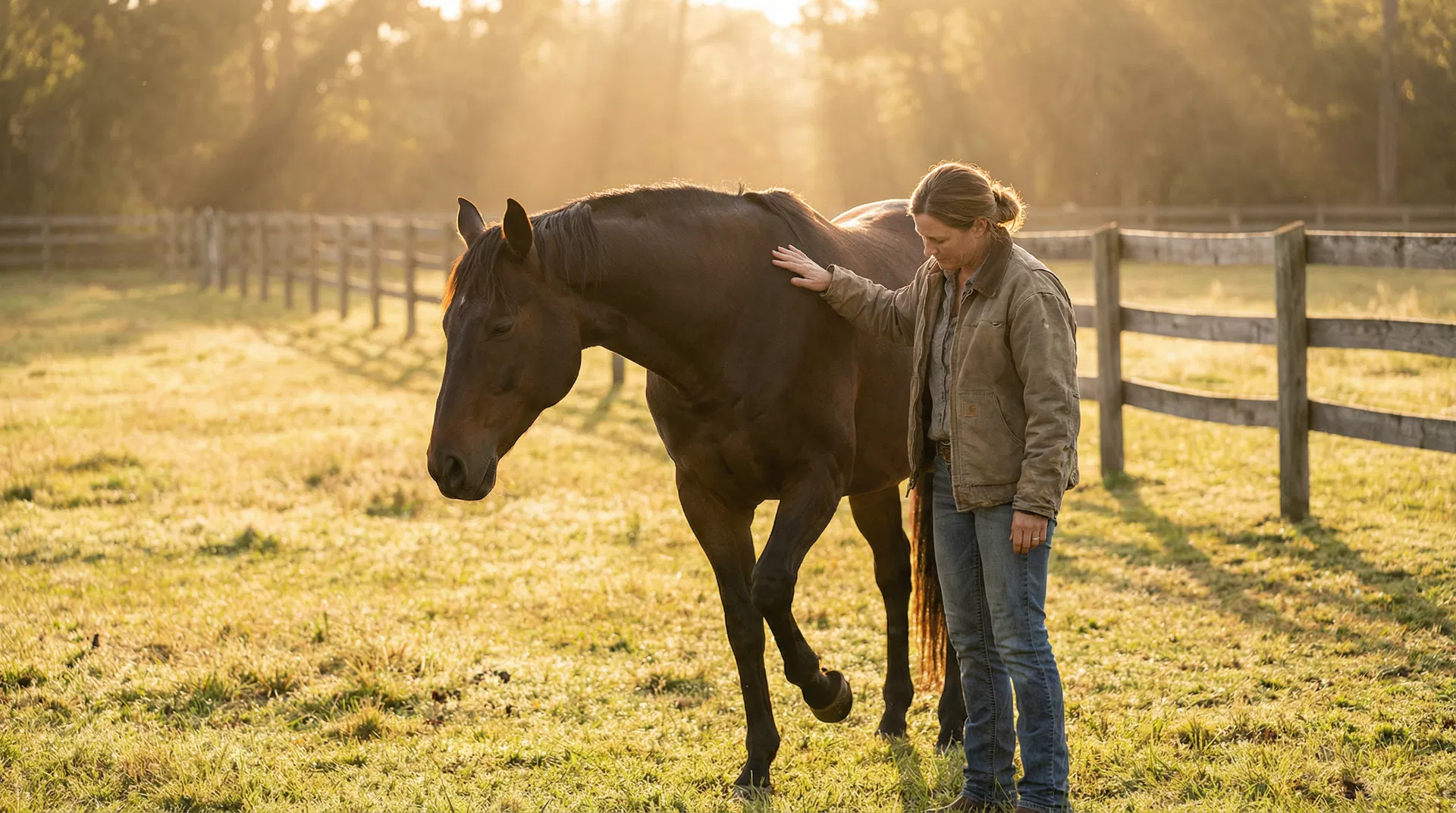 Woman walking beside her horse in a sunlit paddock during recovery