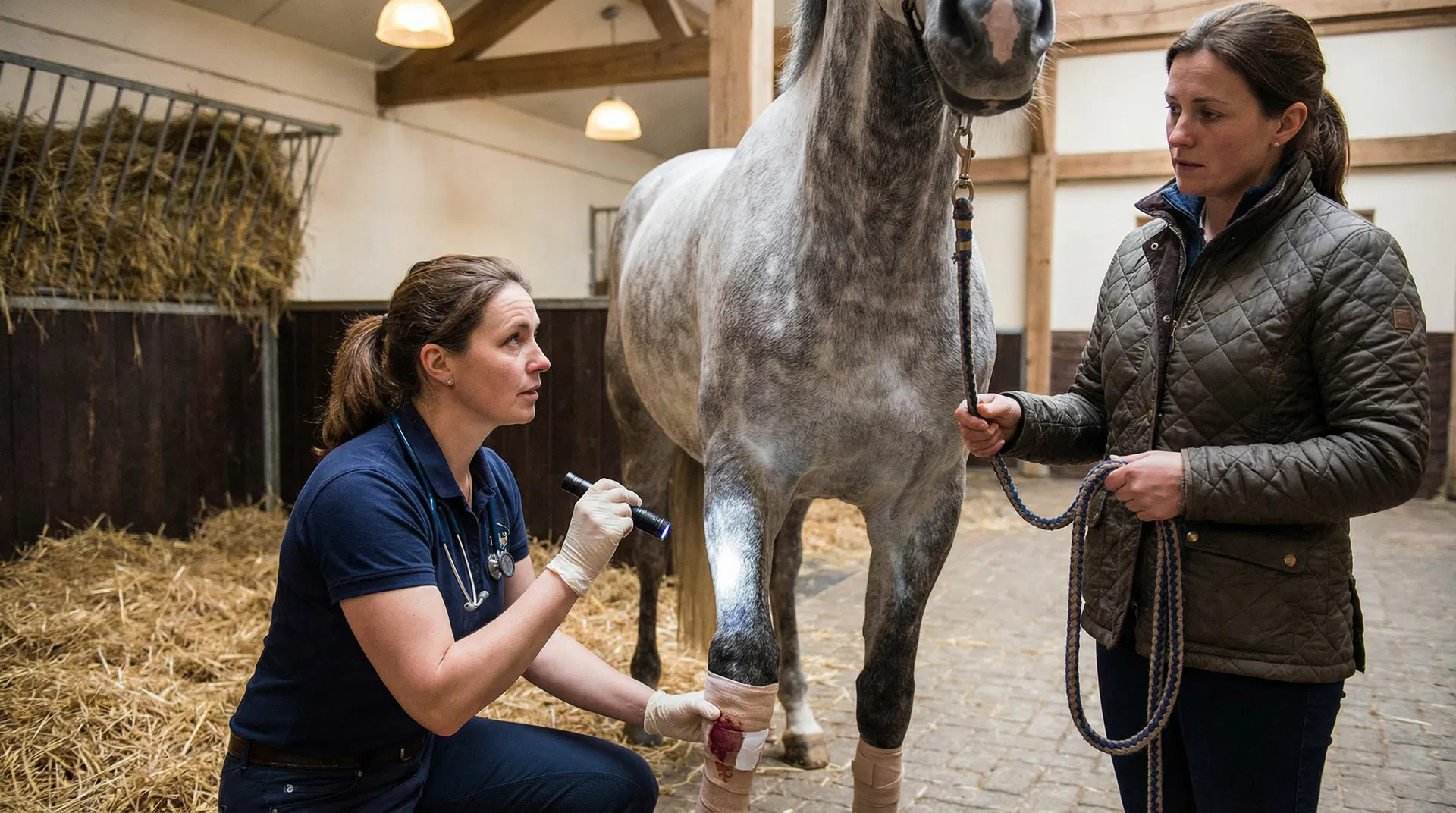 Veterinarian examining a horse's bandaged leg with a flashlight