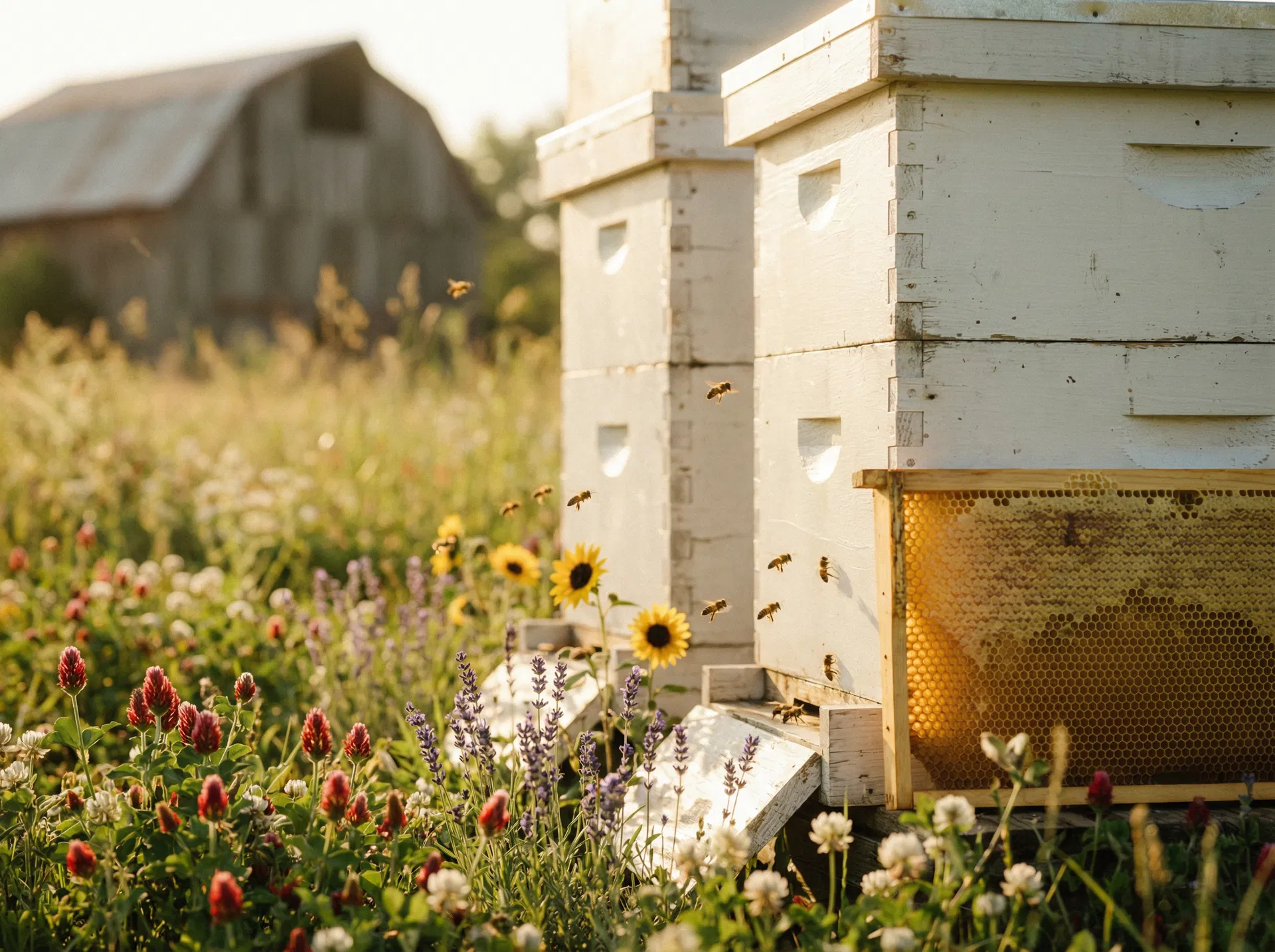 Beehives in wildflower meadow