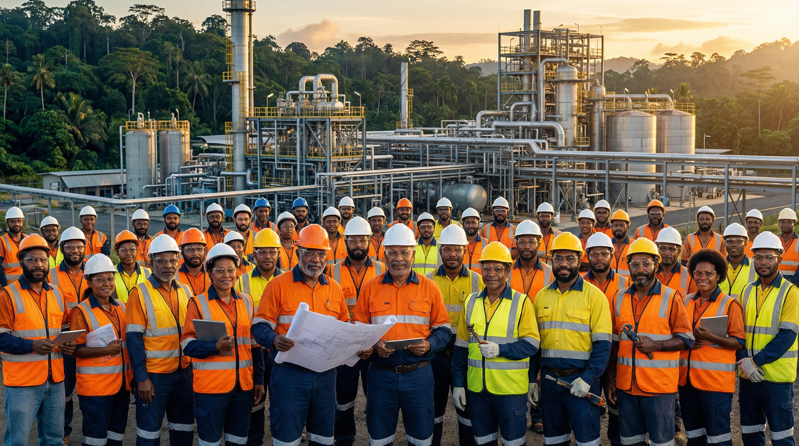Diverse PNG petroleum workforce in hi-vis gear standing proudly in front of a modern gas processing facility at golden hour