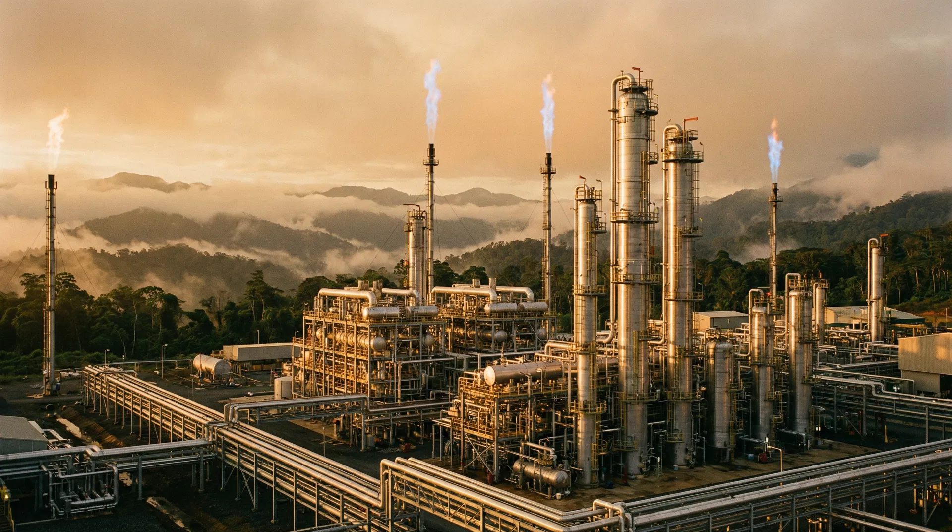 Gas processing plant in PNG highlands at golden hour