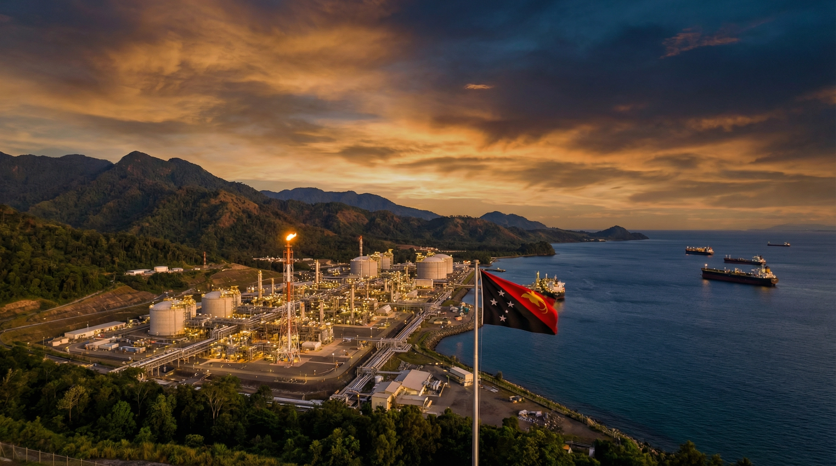 Aerial panorama of TPEL LNG processing facility on the Gulf of Papua coastline with PNG flag and cargo tankers at golden hour
