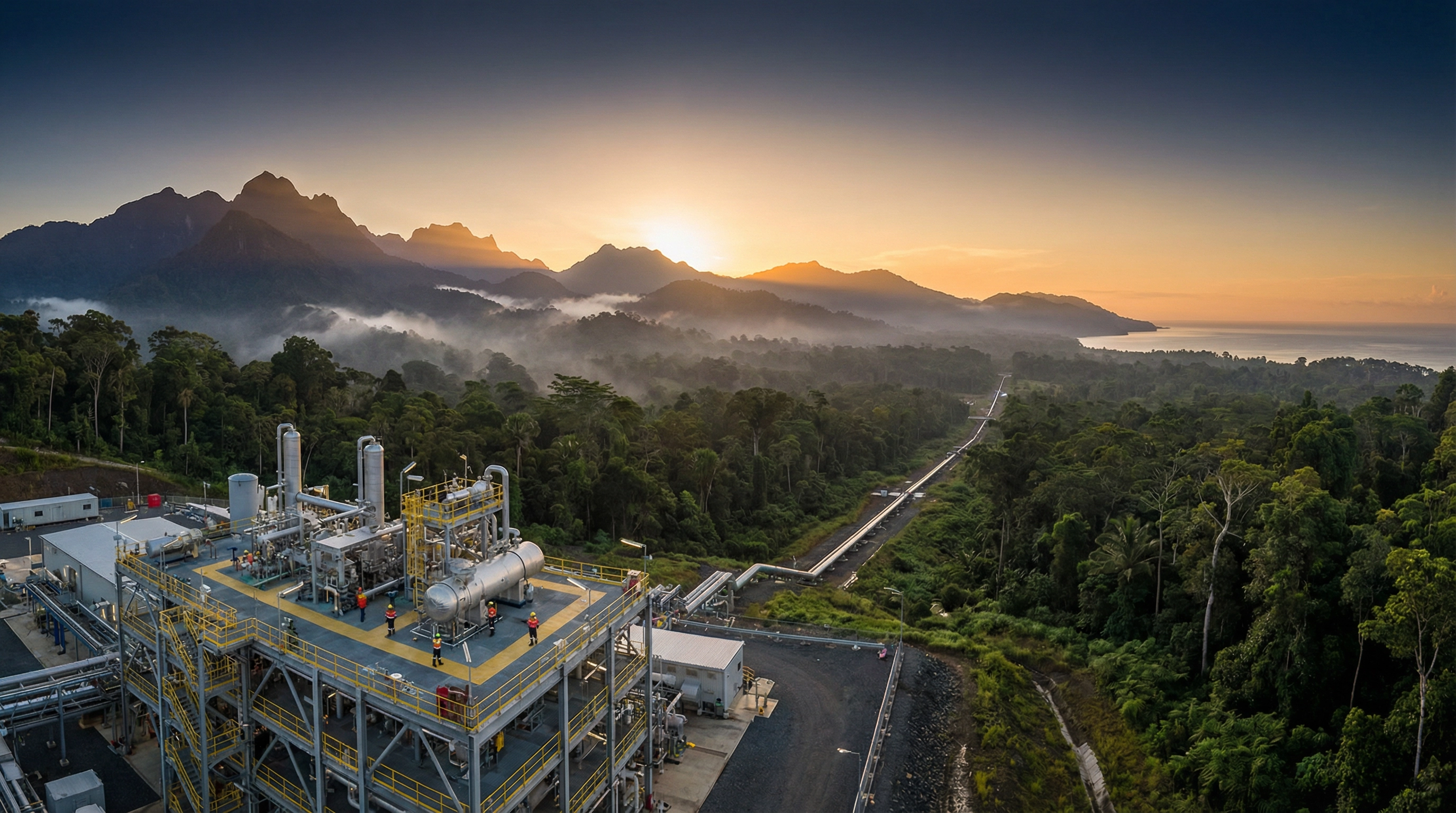 Aerial view of TPEL gas processing facility nestled between PNG highland mountain ranges at sunrise