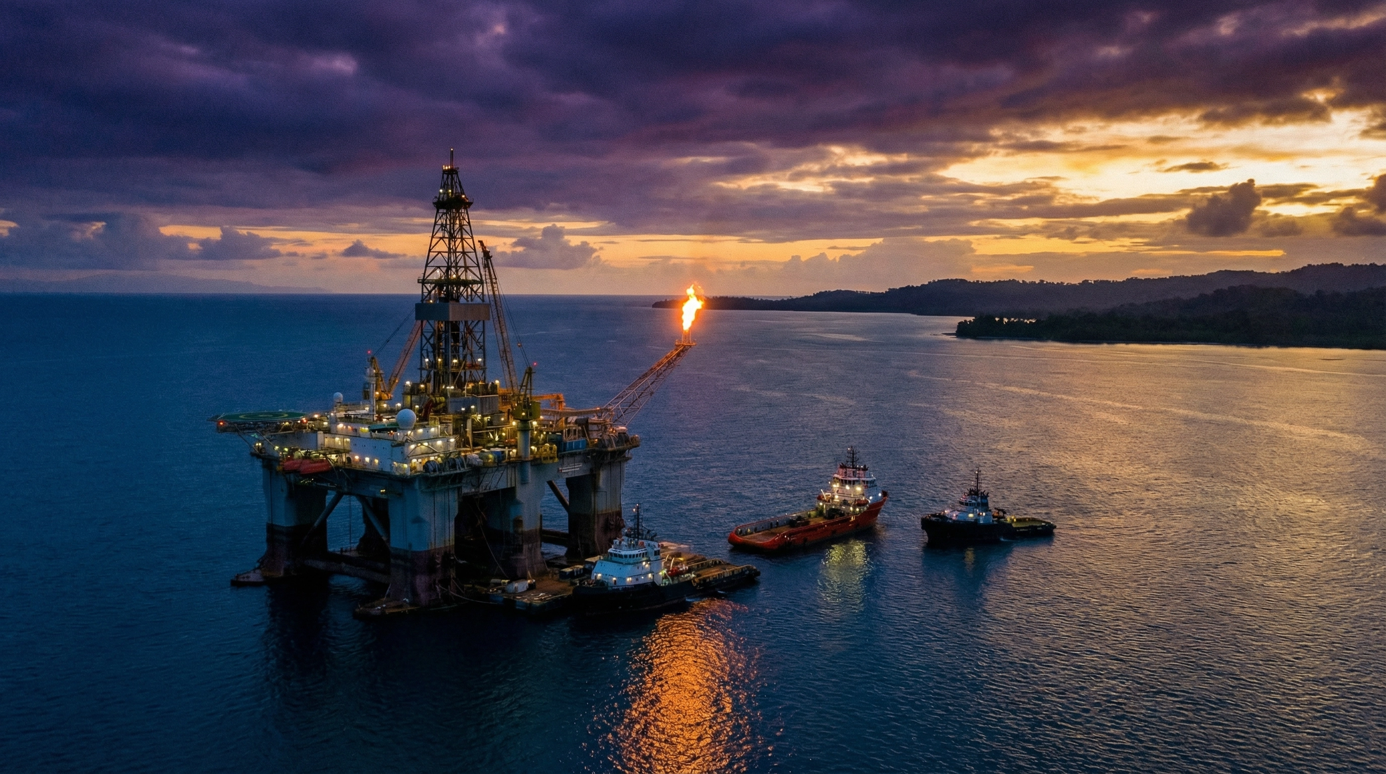 Offshore semi-submersible drilling rig in the Coral Sea off Papua New Guinea's coast at dusk with flare stack burning