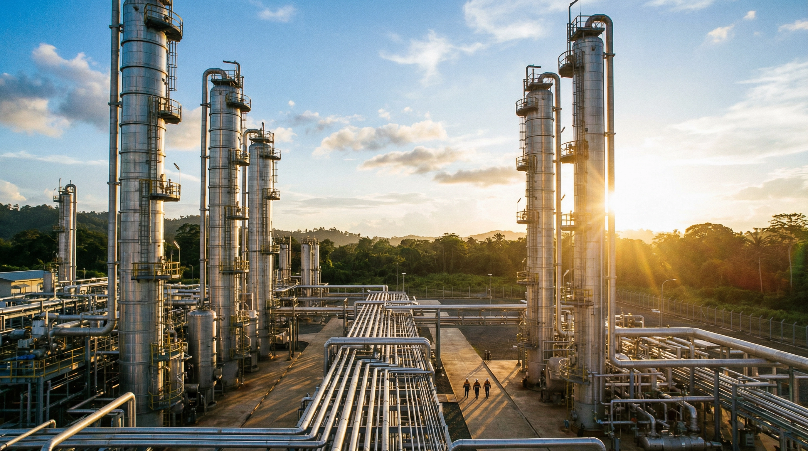 Ground-level view inside a PNG petroleum processing facility with symmetrical gas towers and workers silhouetted at sunset