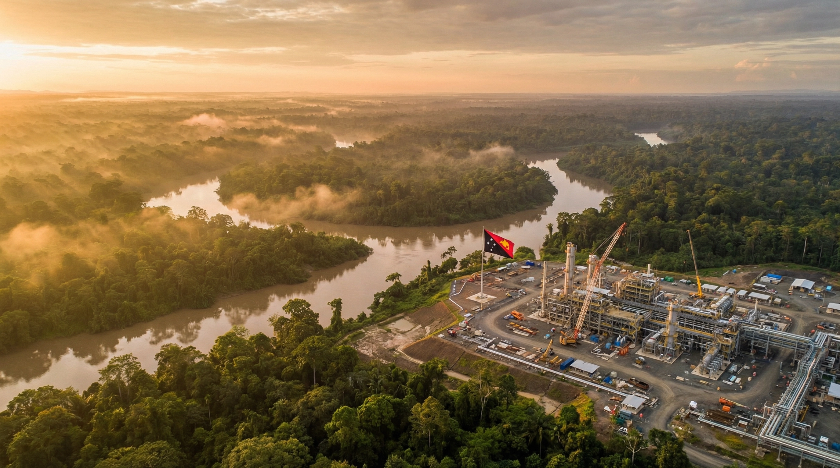 Aerial view of PNG Western Province Fly River delta with gas processing facility under construction at dawn