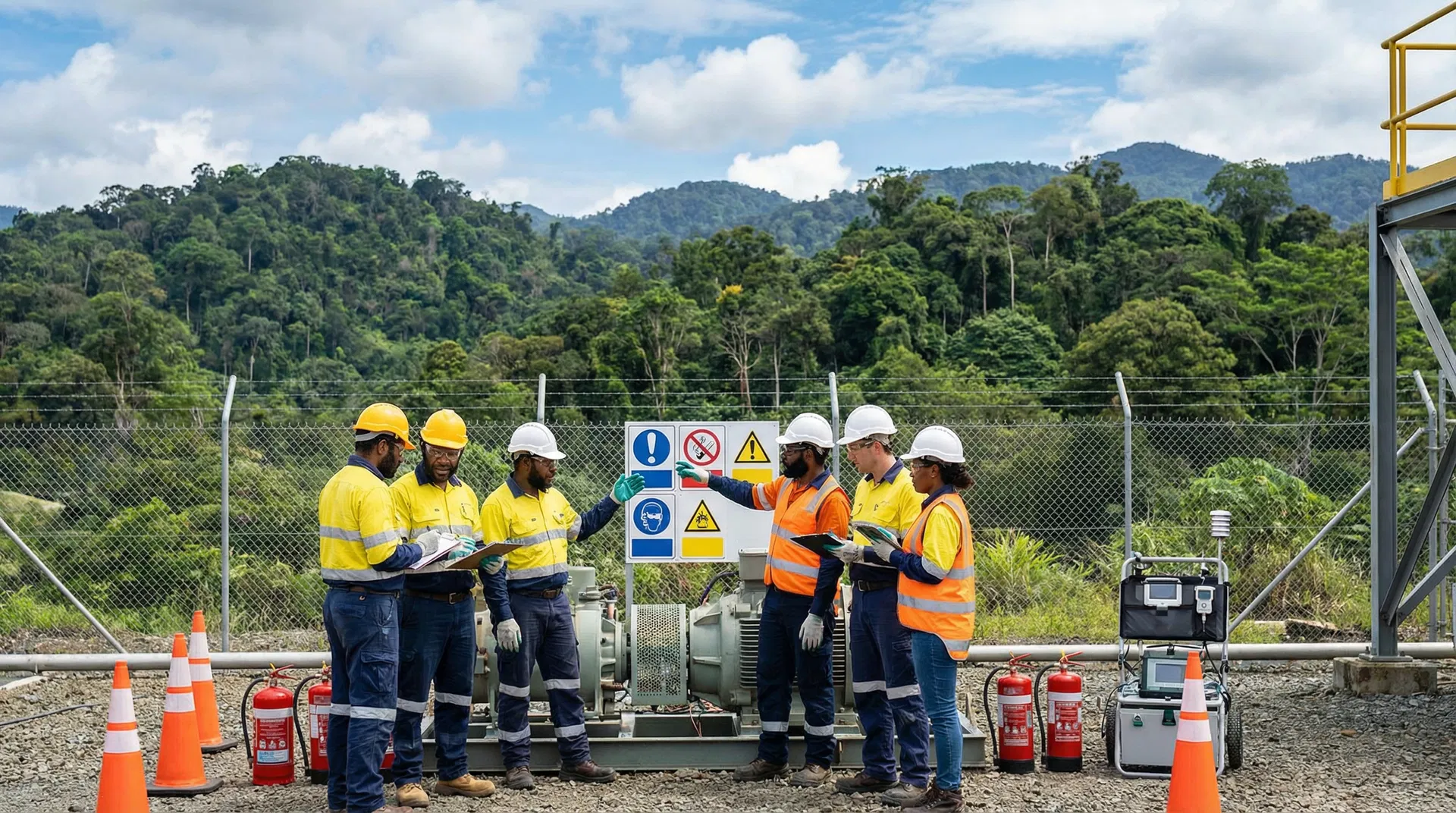 PNG petroleum workers in hi-vis safety gear at an operational site