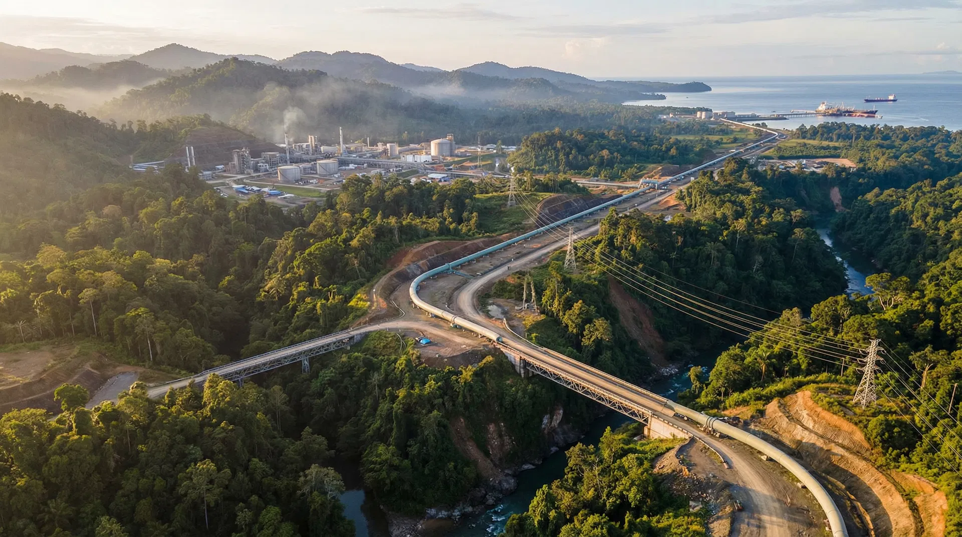 Aerial view of petroleum infrastructure connecting PNG highlands processing facility to coastal export terminal