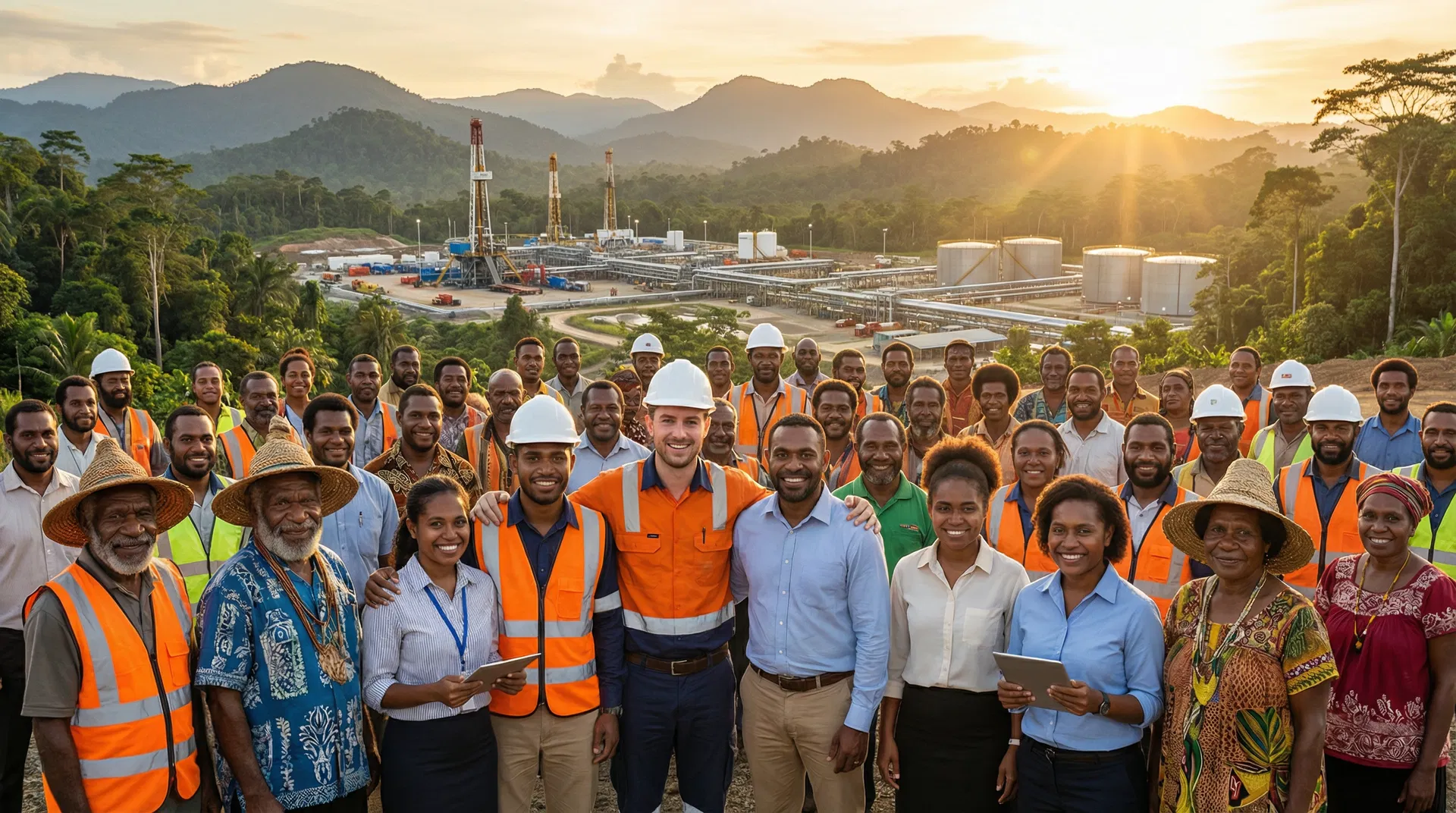 PNG workers and community members at a golden-hour gathering representing local participation