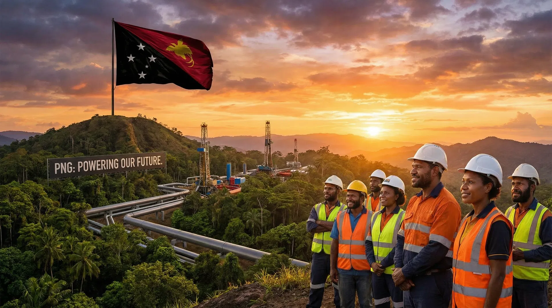 PNG flag flying at a vivid orange and purple sunset representing the national mandate
