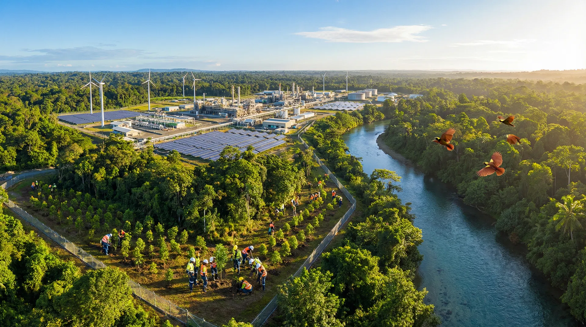 Aerial view of sustainable energy facility nestled in Papua New Guinea's tropical rainforest highlands at golden hour