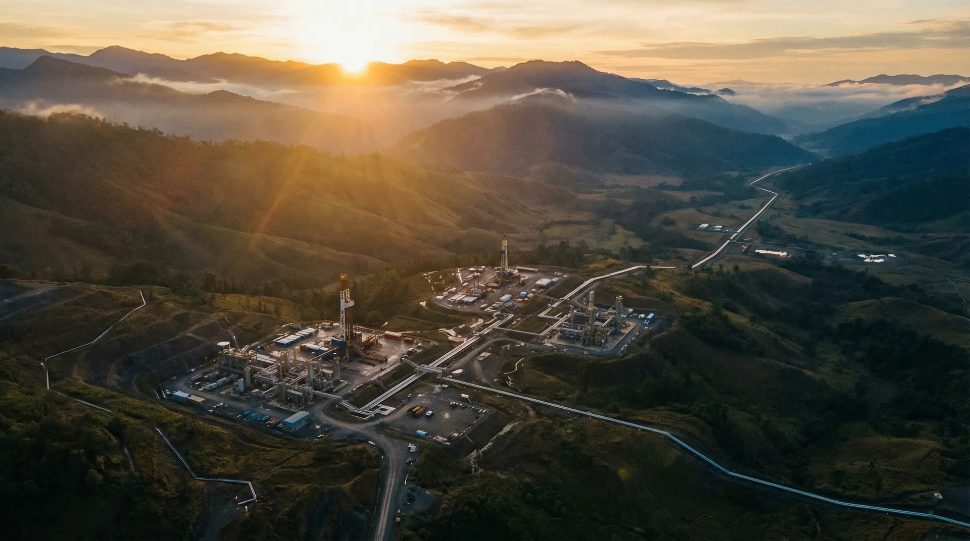 Aerial view of PNG Highlands gas facility at dawn with misty mountains