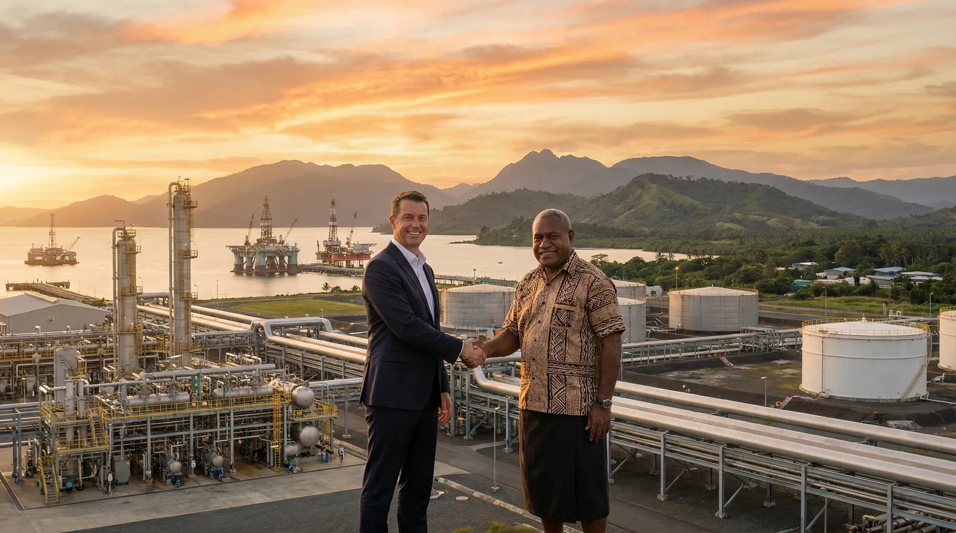 Handshake at a coastal refinery at sunset representing partnership with TPEL