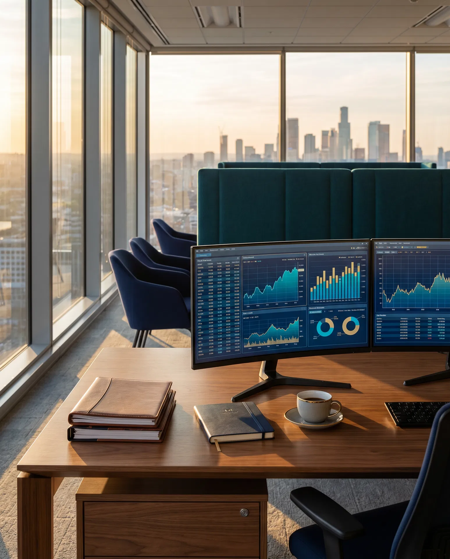 Investment research desk with multiple monitors displaying market data and financial charts