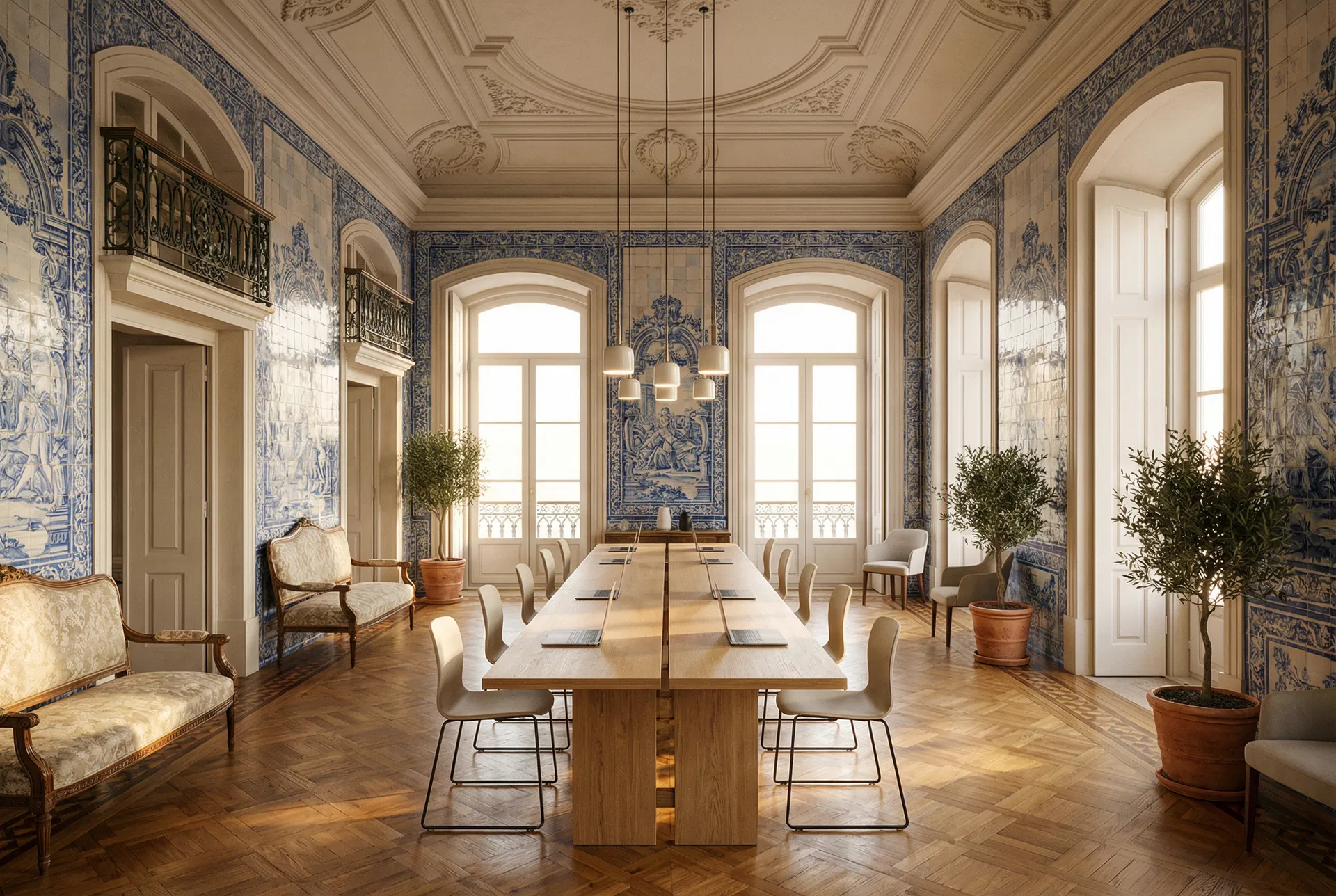 Grand salon of the AI Green Hive mansion — azulejo tile walls, herringbone parquet floors, arched windows