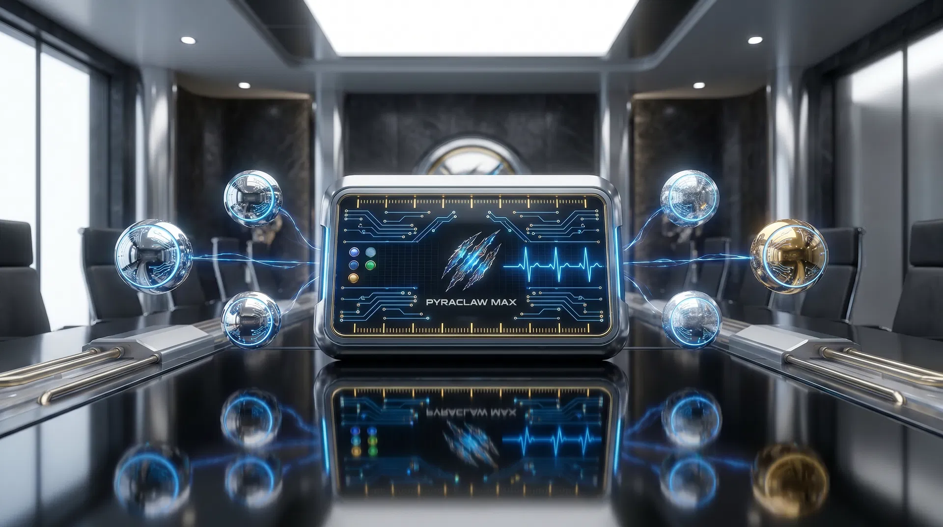 Pyraclaw Max mirror-metal boardroom device with chrome orbs and visible pulse lines