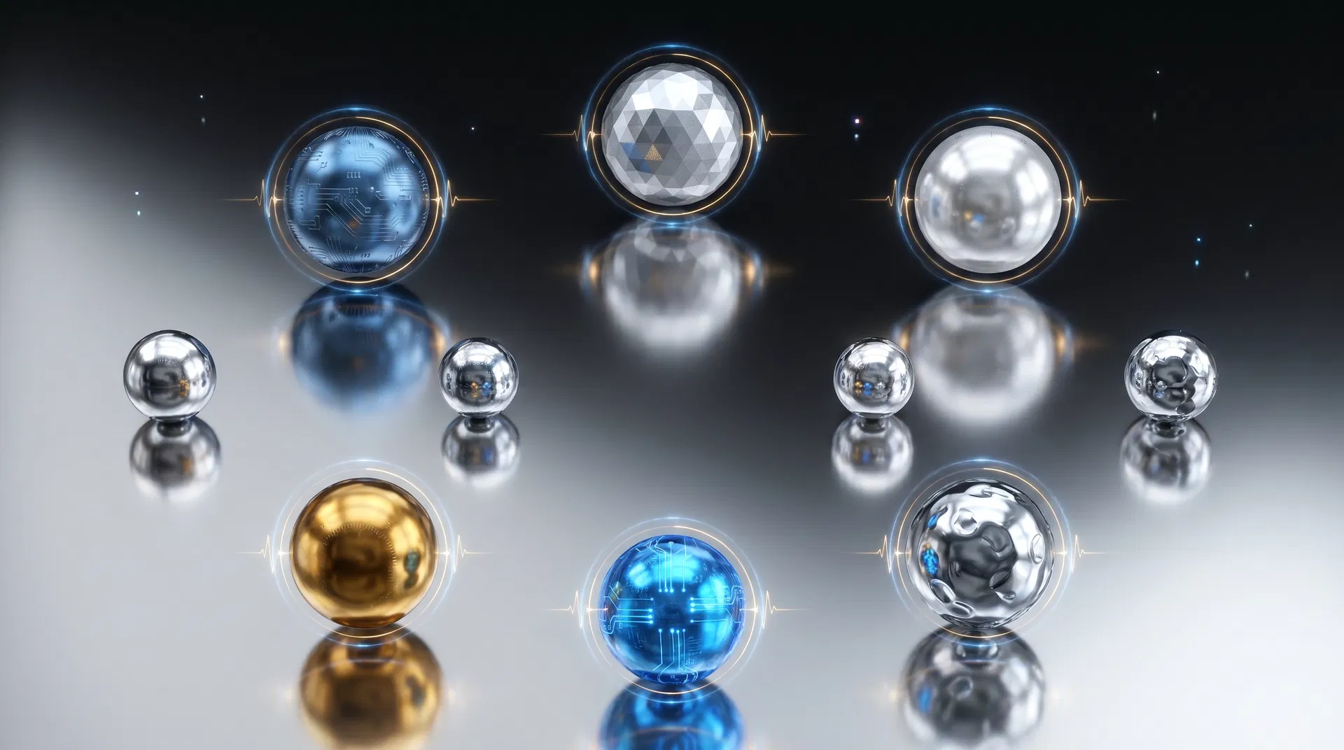 Mercury mirror benchmark spheres with steel-blue, platinum, diamond silver, and gold coding