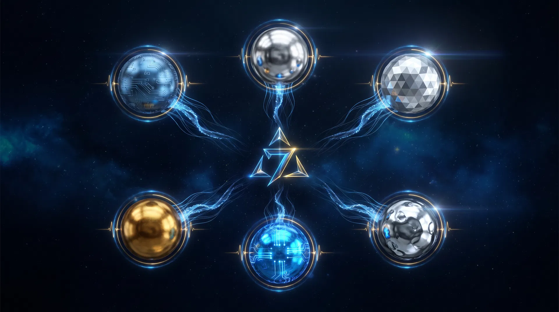 Color-coded PyraClaw metallic spheres connected by electric blue evidence currents