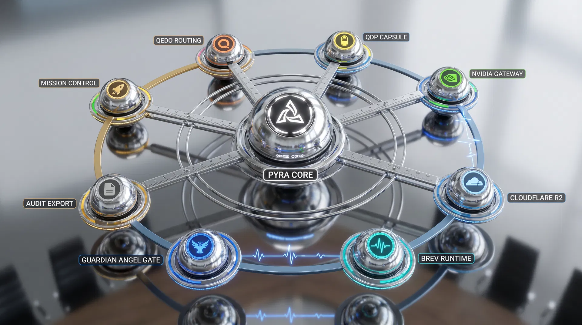 Fully visible Pyraclaw precision schematic with chrome nodes and color-coded backend-safe routes