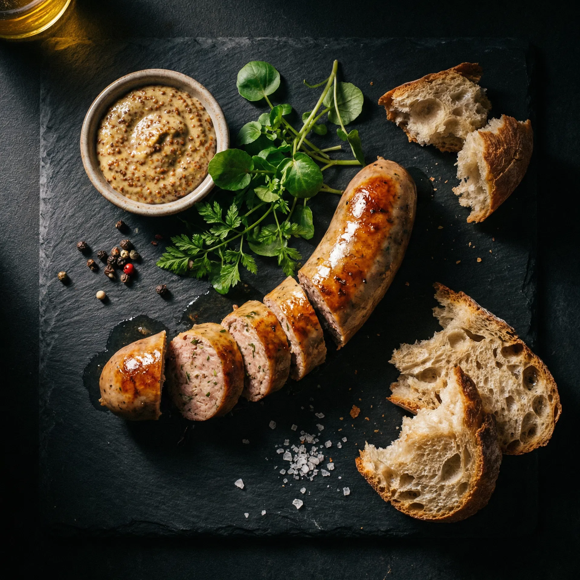 Artisan bratwurst plated with mustard and fresh bread