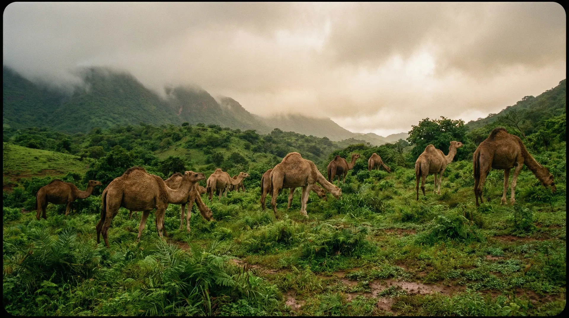Free-range camels grazing in the green mountains of Dhofar, Oman