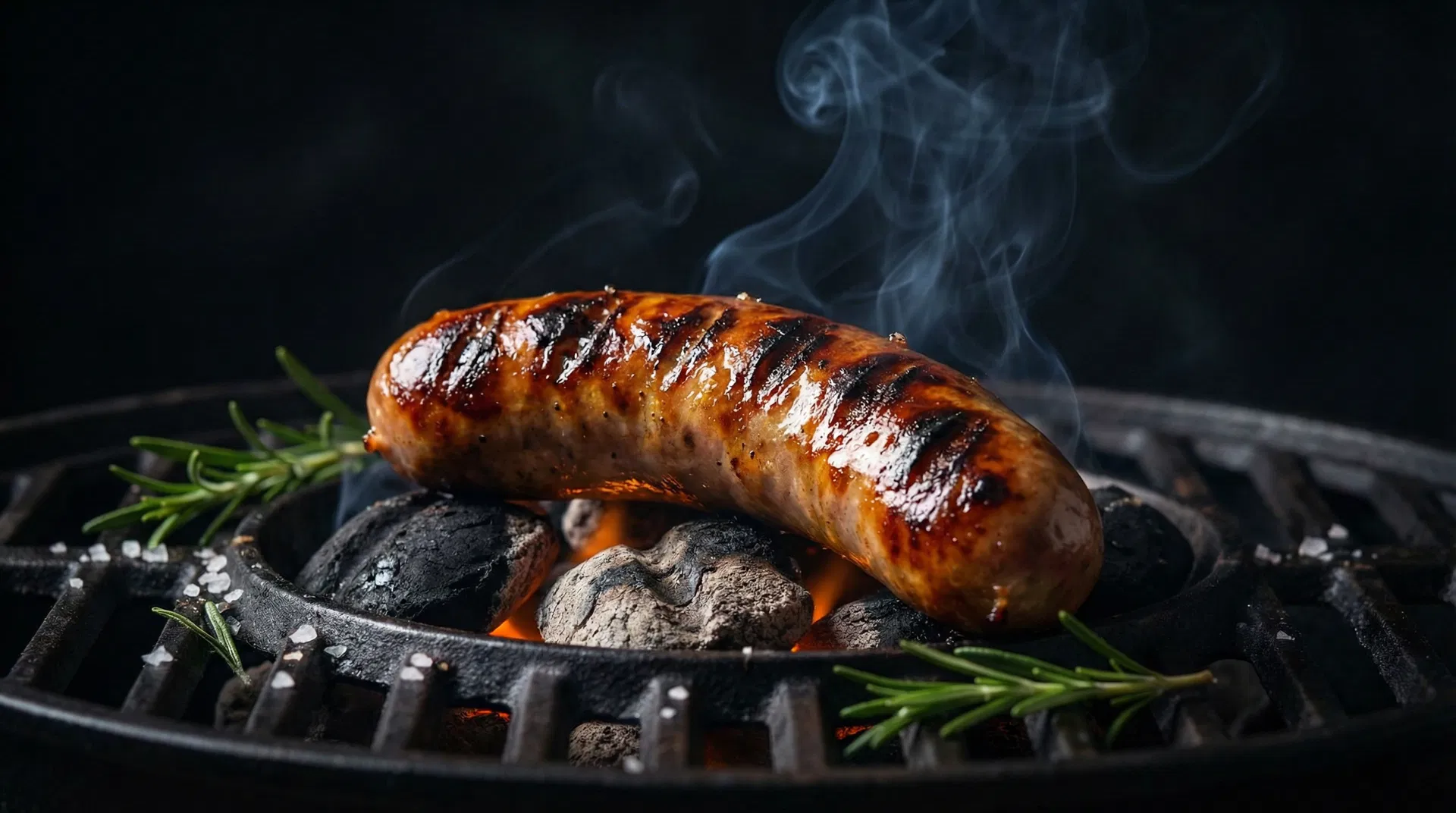 CamelBrat premium grilled camel bratwurst on charcoal