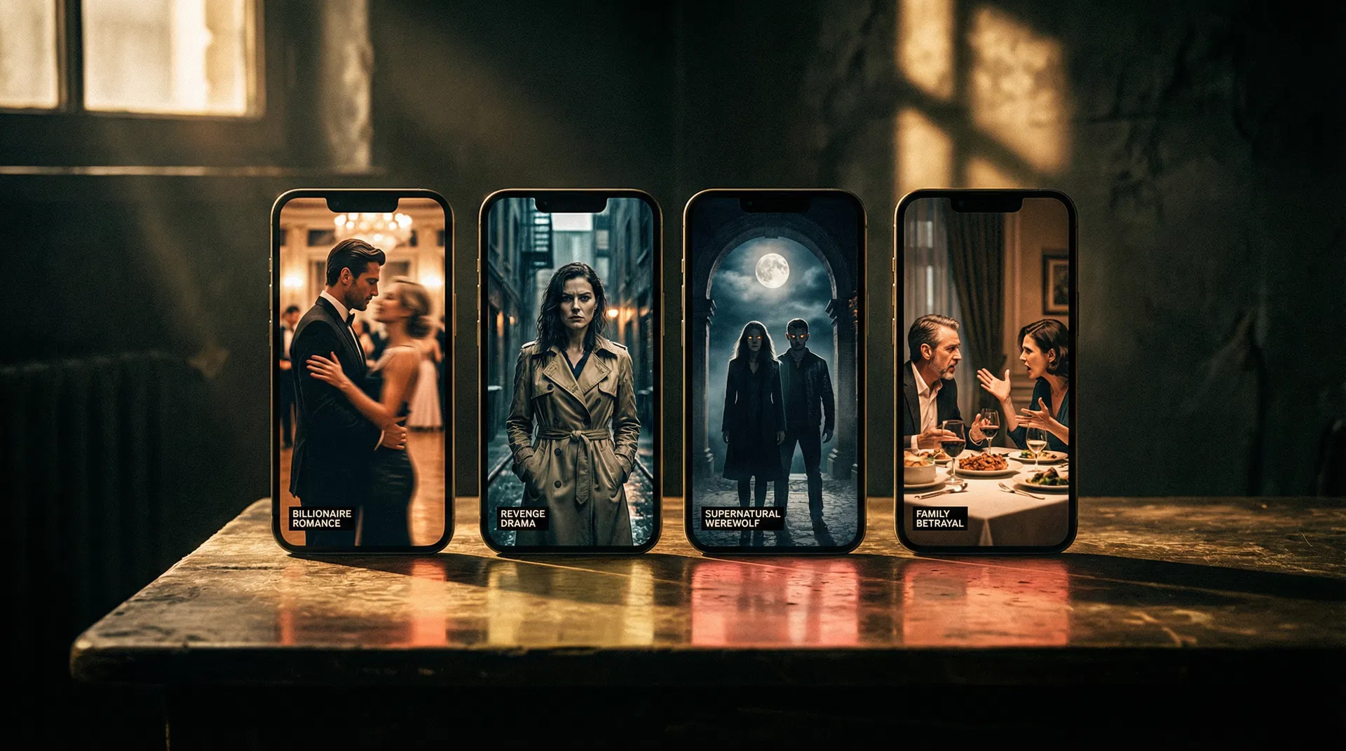 Vertical series genre cheat sheet - smartphones displaying different drama genres