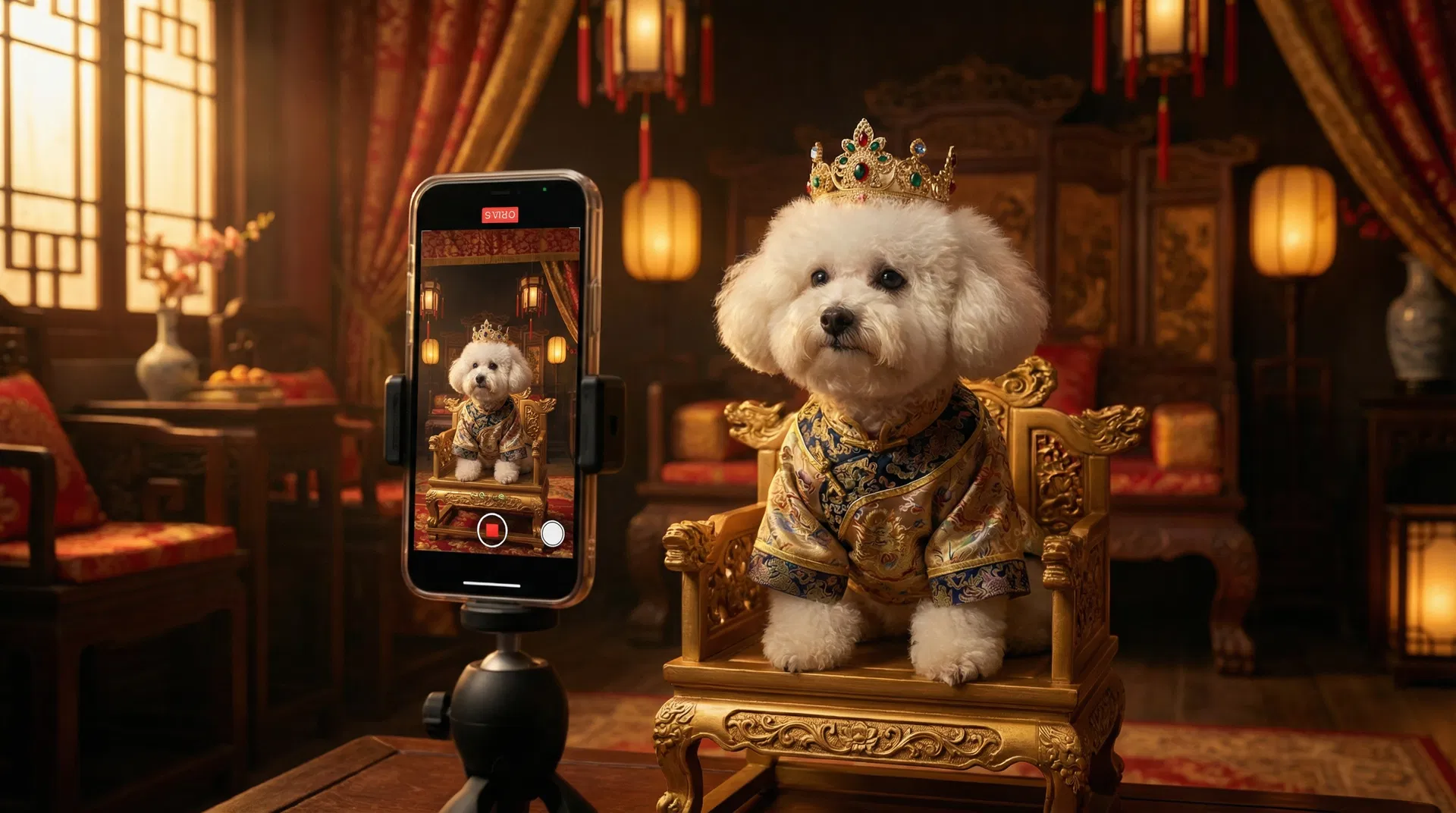 AI-generated pet microdrama with bichon frise in Chinese imperial costume
