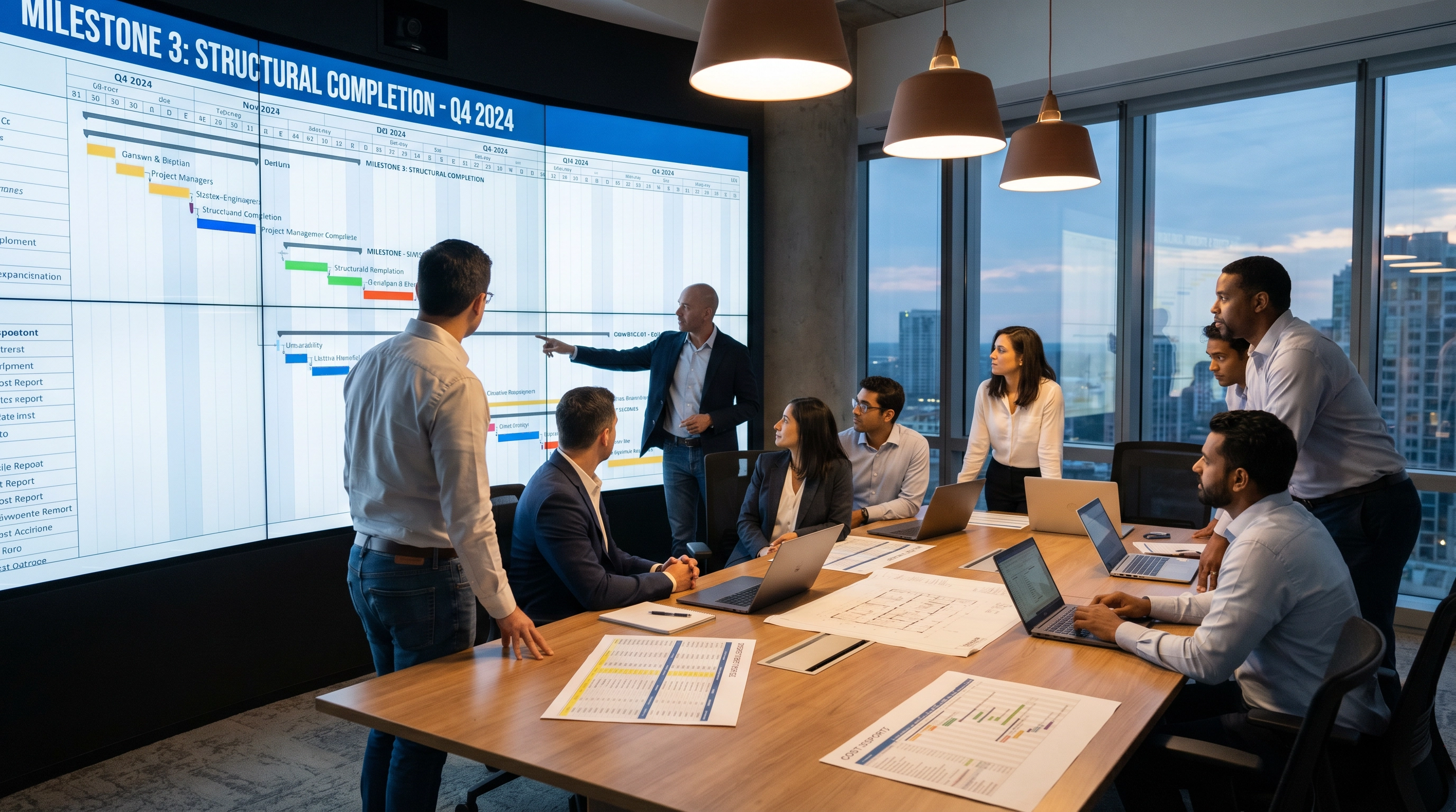 Project management war room with Gantt charts