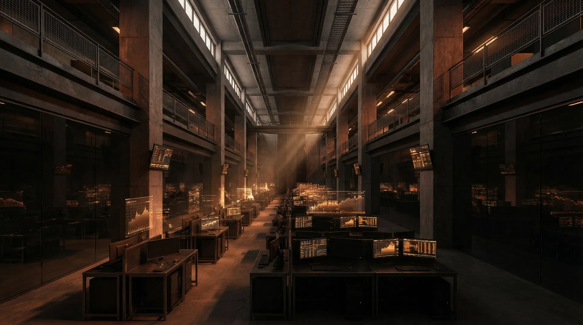 A vast dark brutalist trading floor with rows of illuminated screens and autonomous systems executing media transactions - representing the advertising industry's agent-to-agent trading infrastructure