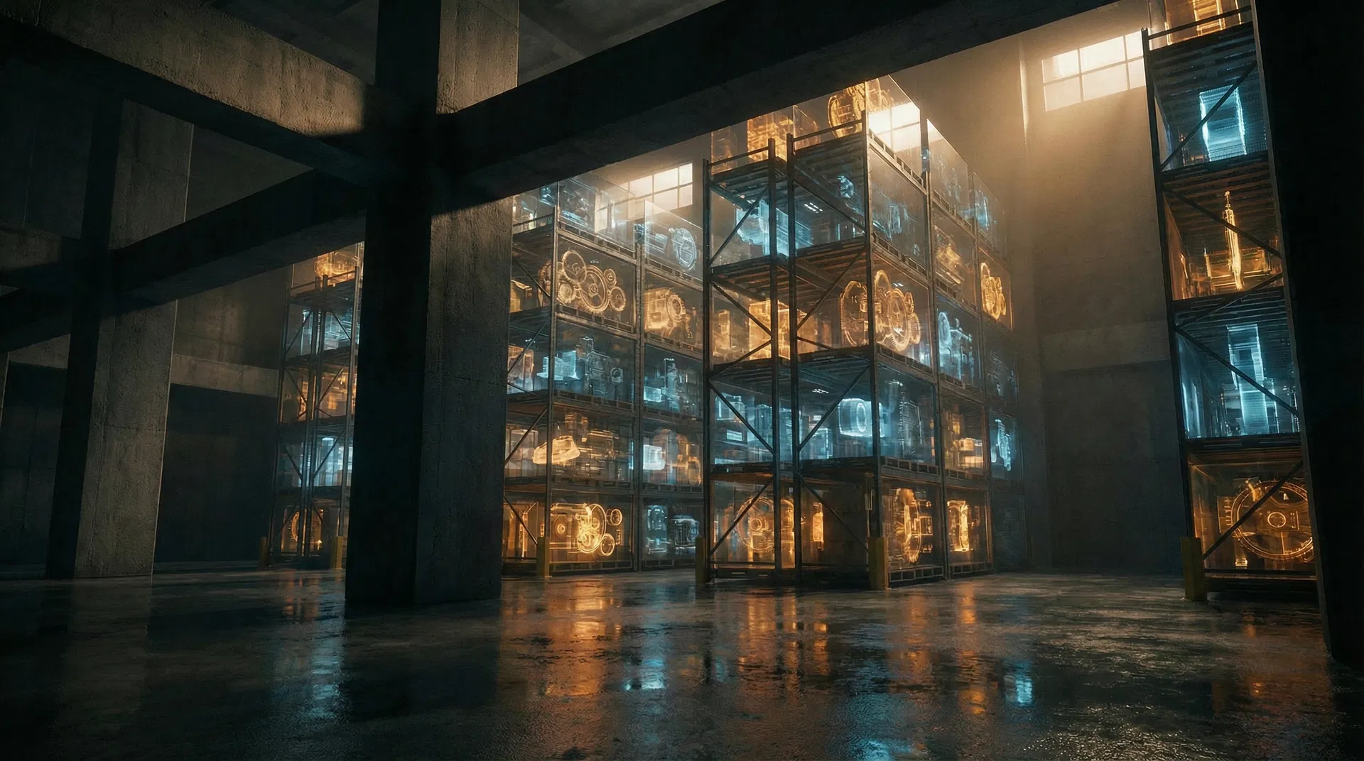 A vast brutalist reading room with translucent panels revealing complex mechanical structures behind them - representing the design challenge of making autonomous systems structurally readable