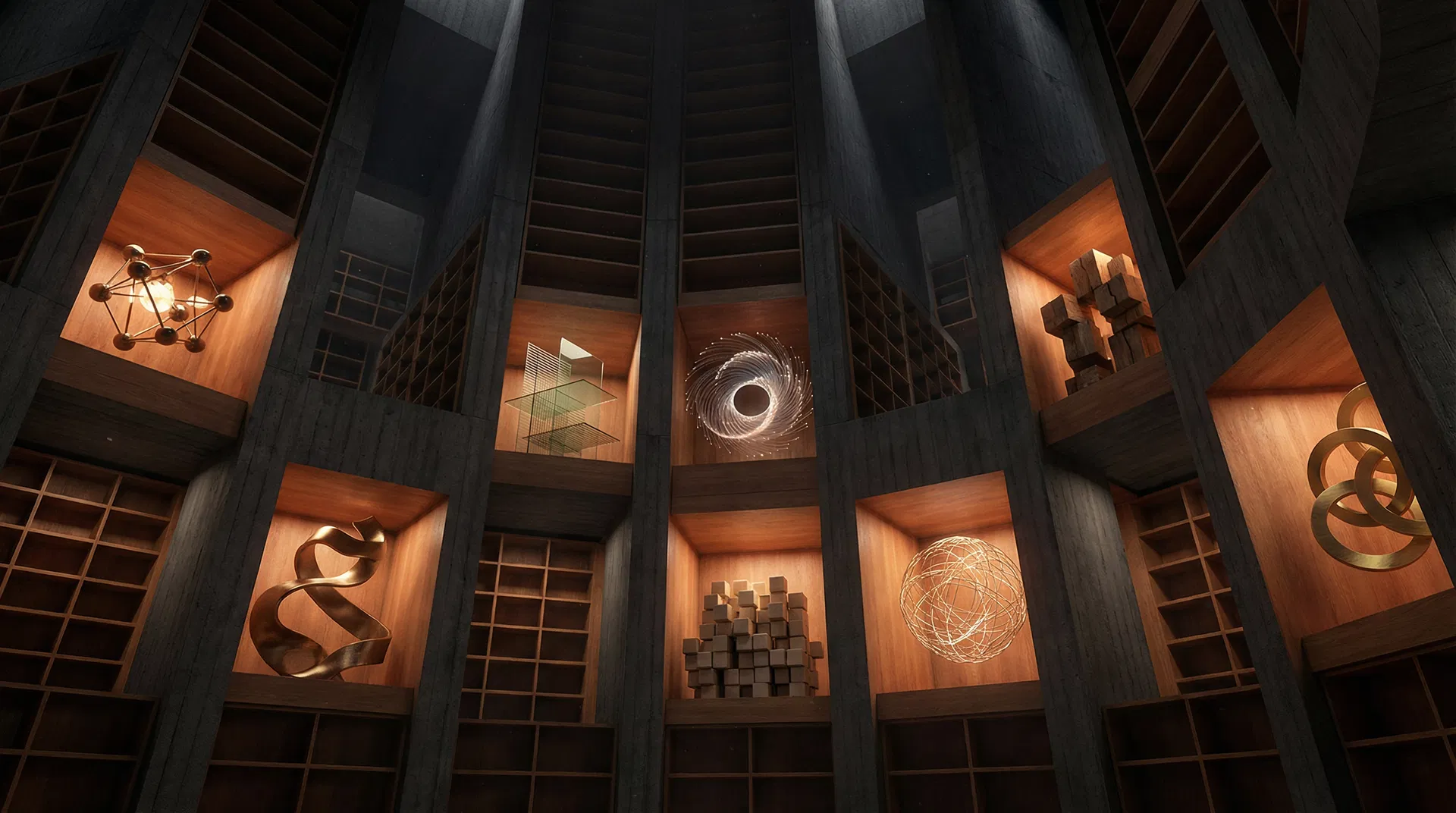 A vast brutalist design studio rendered in dark concrete and terracotta light, with eight monumental drafting tables arranged in a circle, each illuminated by a different geometric light source - a visual metaphor for the eight new design capabilities required for the agentic age