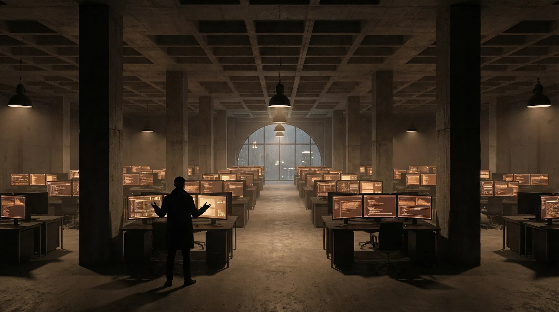 A vast dark brutalist office interior with empty desks and illuminated screens showing autonomous workflows - representing the dissolution of the coordination layer in modern organisations