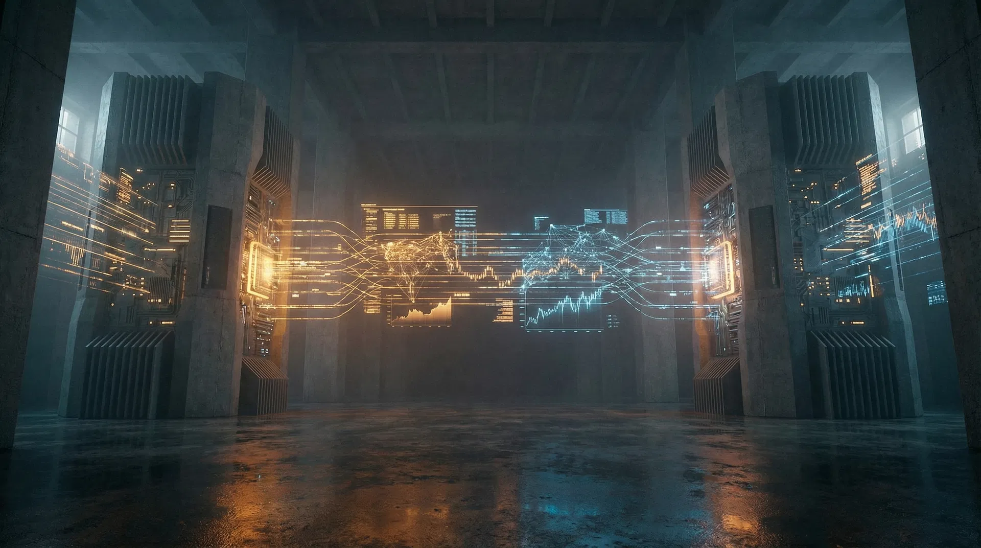 A vast brutalist trading floor with two symmetrical structures facing each other across an empty space - representing the agent-to-agent negotiation architecture of B2B agentic commerce