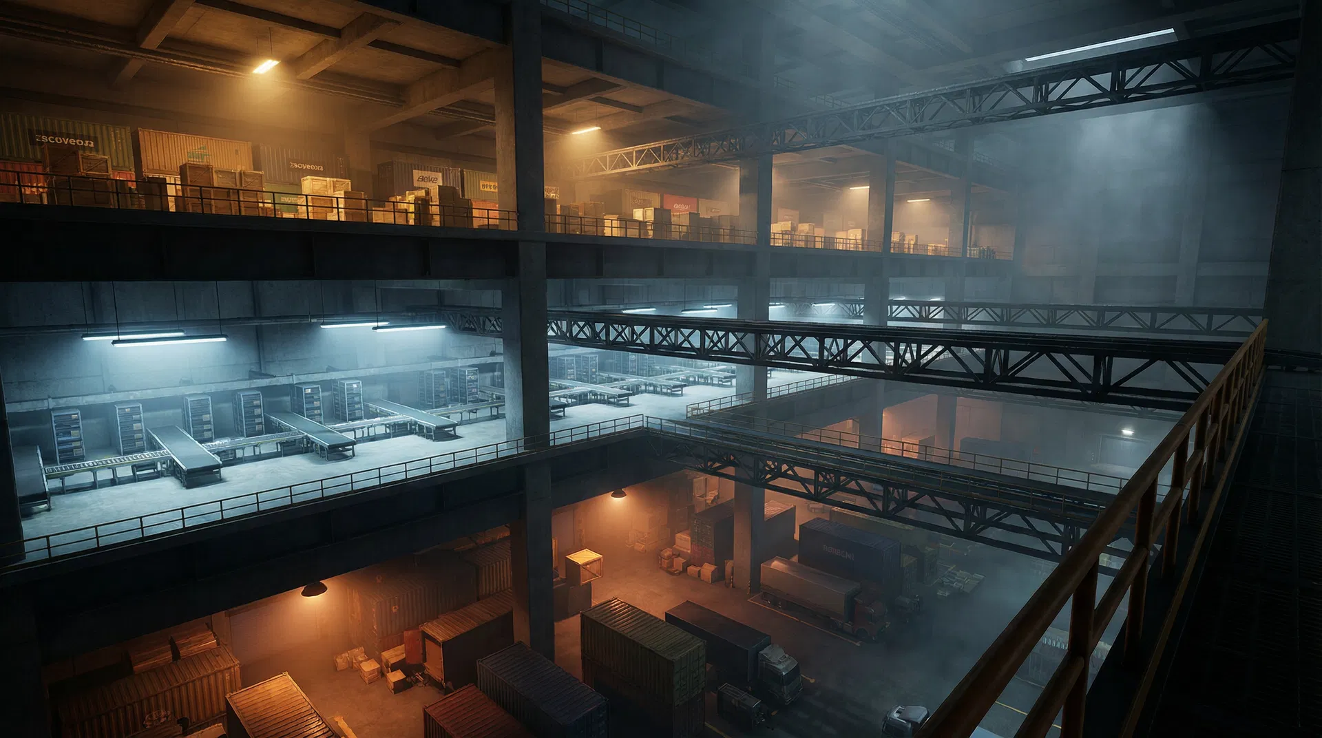 A vast brutalist trading hall rendered in dark concrete and terracotta light, with three monumental archways connected by suspended bridges - a visual metaphor for the multi-party agent chains in B2B2C agentic commerce