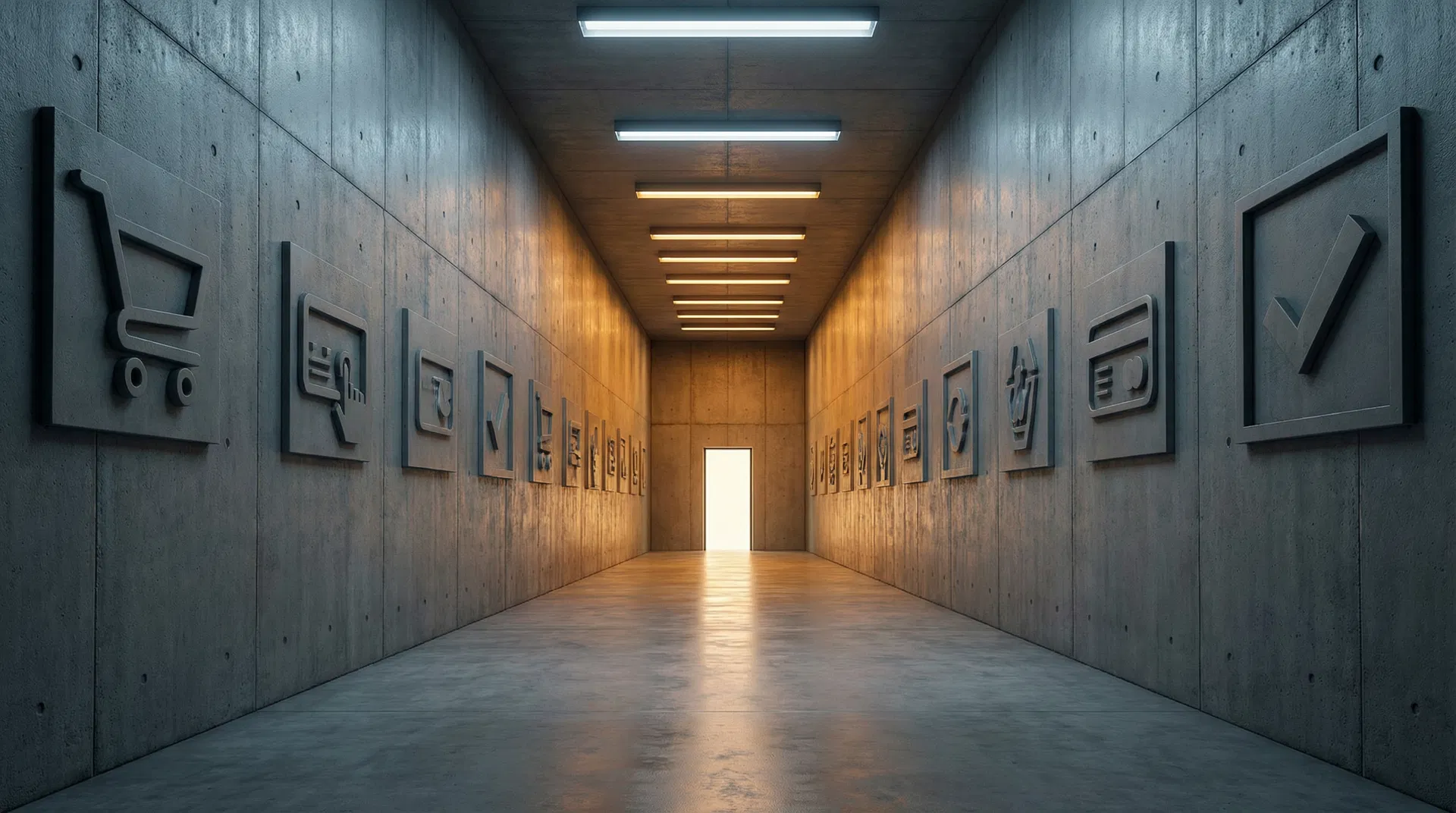 A brutalist concrete gateway narrowing to a single illuminated point - representing the compression point of agent checkout