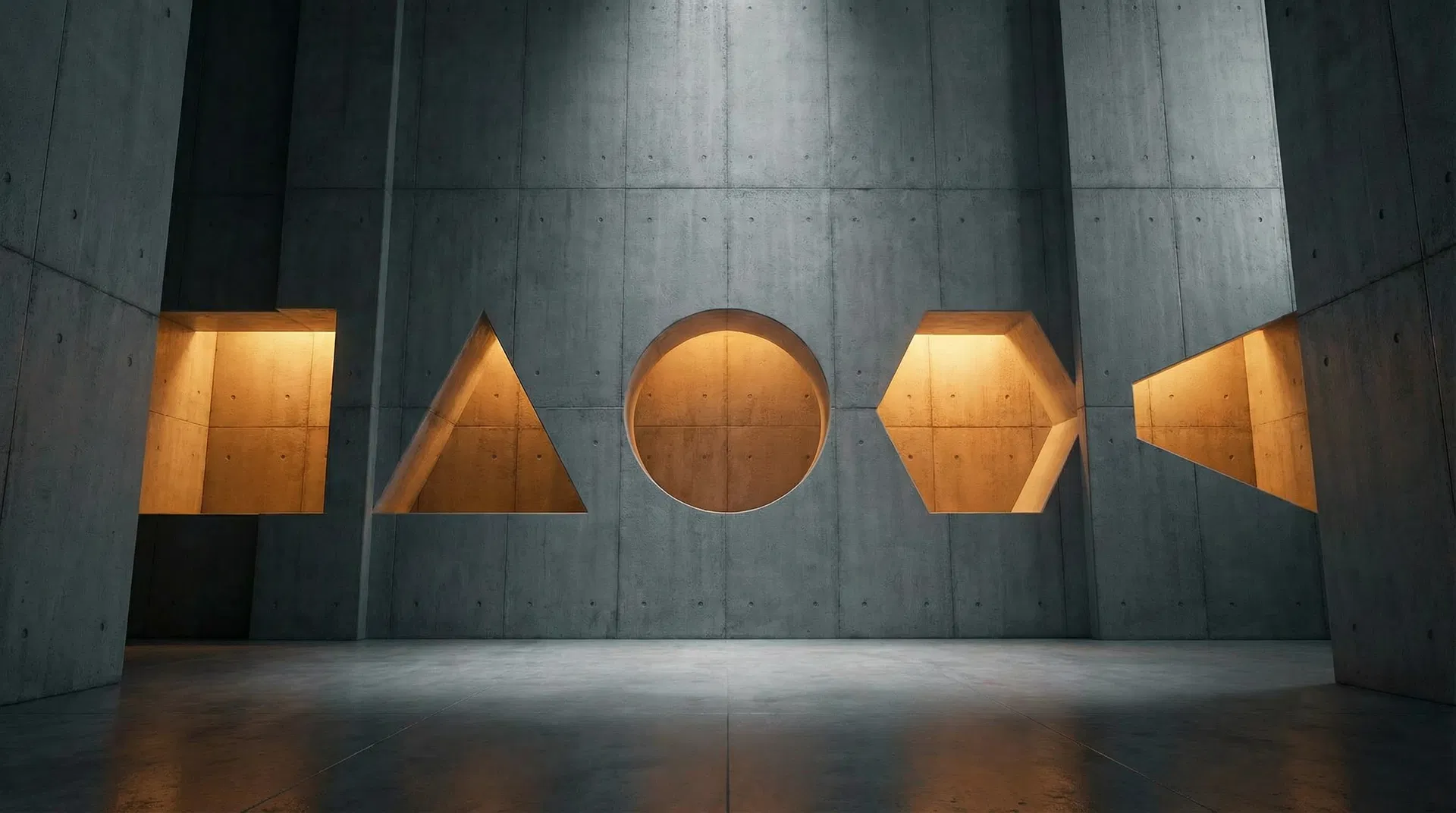 A brutalist concrete hall with five distinct geometric alcoves illuminated by amber light - representing the five categories of commerce agent