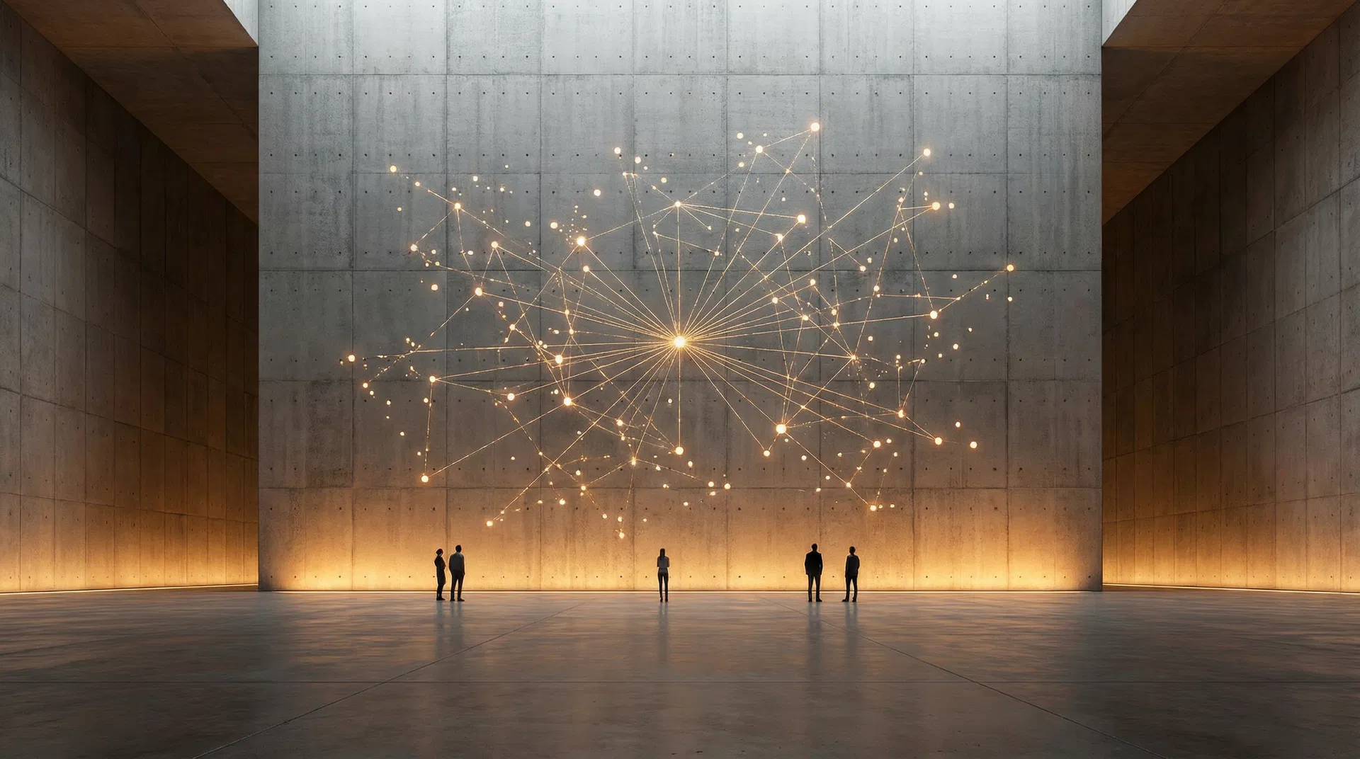 A brutalist concrete gallery with fading brand symbols dissolving into geometric trust patterns  -  representing the transformation of brand in agentic commerce