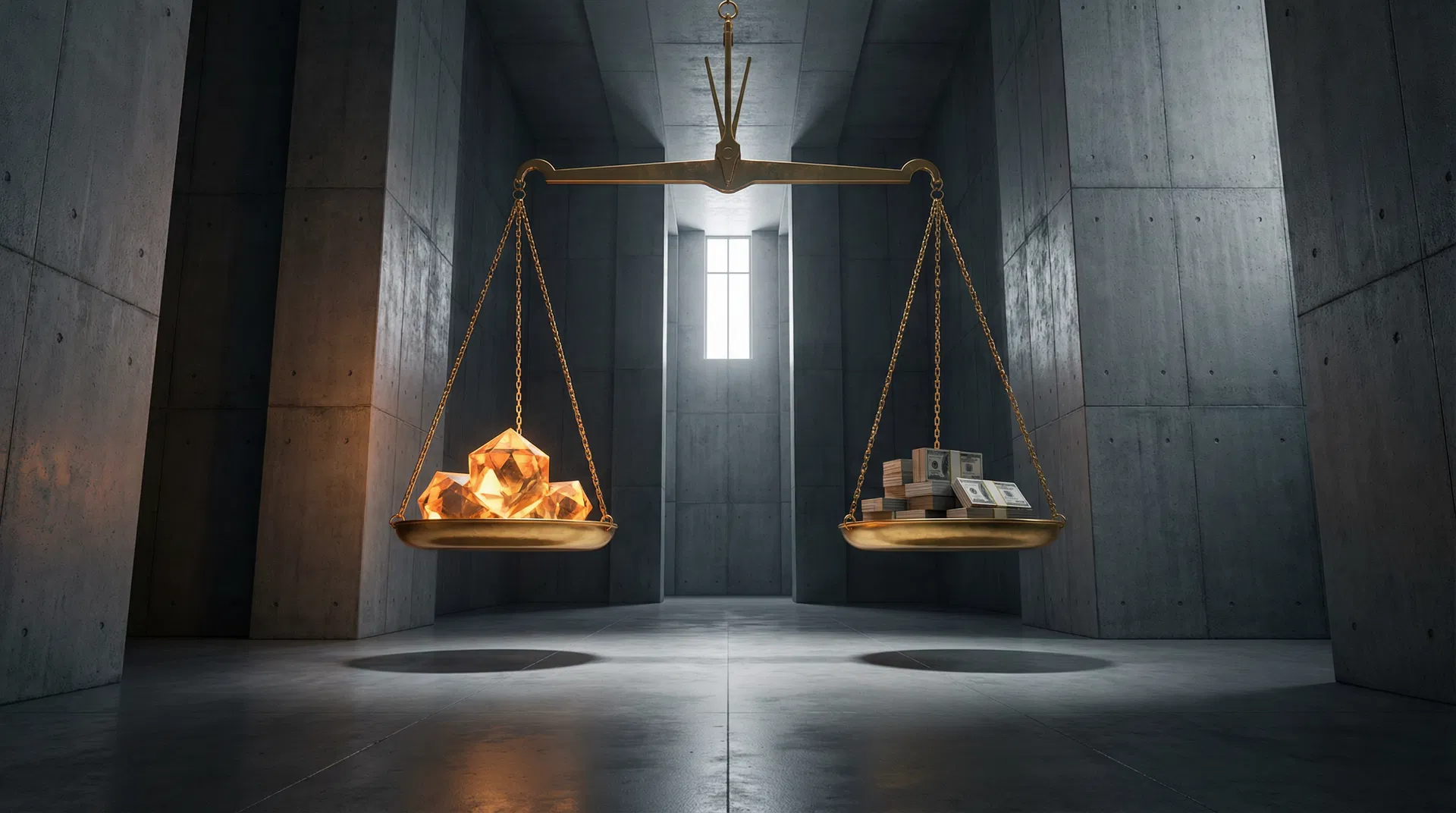 A vast brutalist hall with a monumental golden balance scale suspended from the ceiling  -  representing the economic equilibrium of trust in agentic commerce