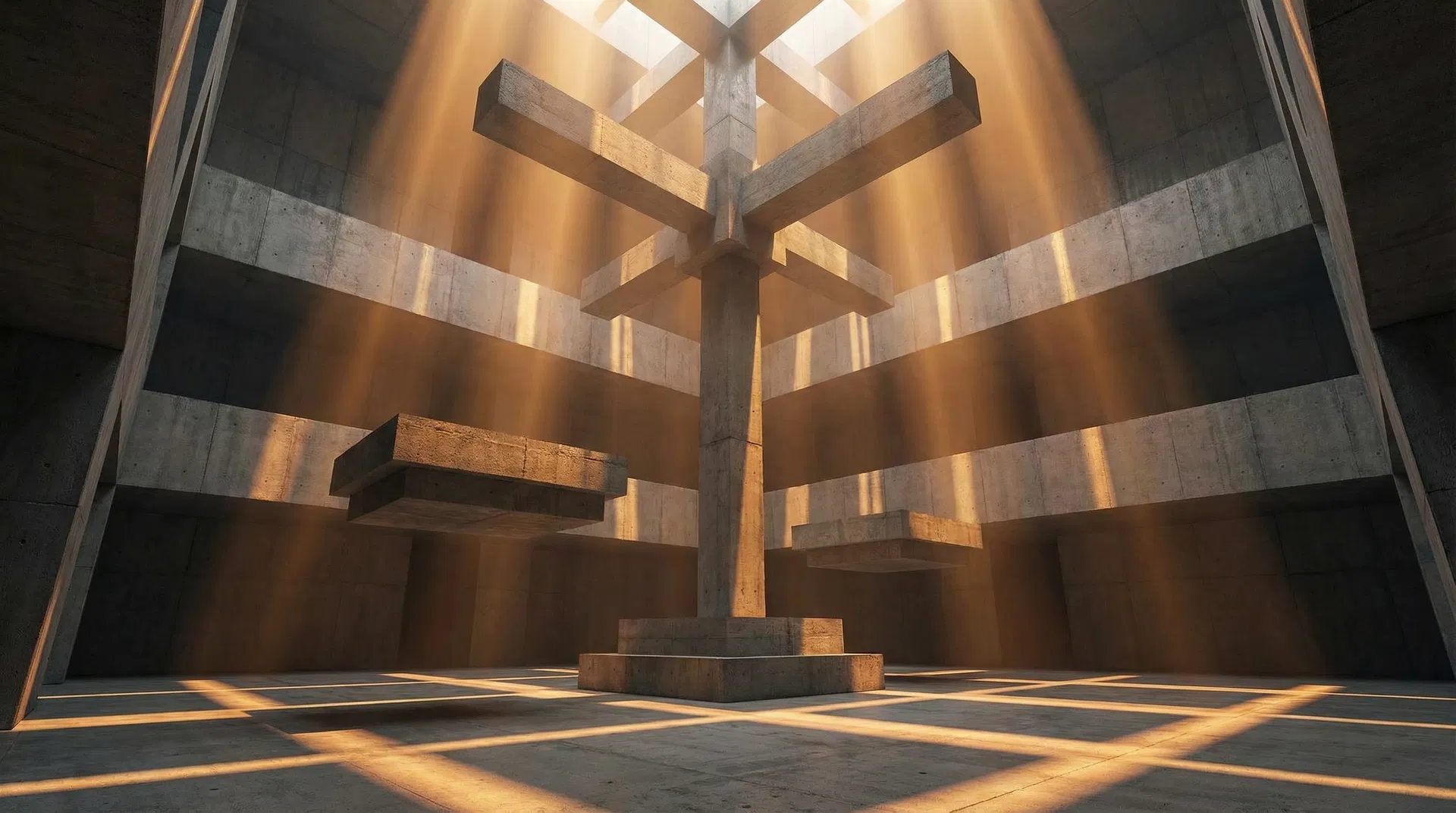 A brutalist concrete courtroom with geometric scales of justice and intersecting light beams - representing the liability architecture of agentic commerce