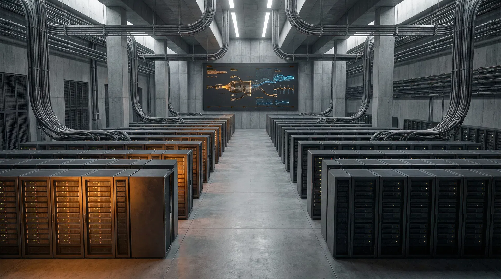 A brutalist concrete server room with exposed infrastructure and amber lighting  -  representing the merchant's commerce stack being redesigned for agent customers
