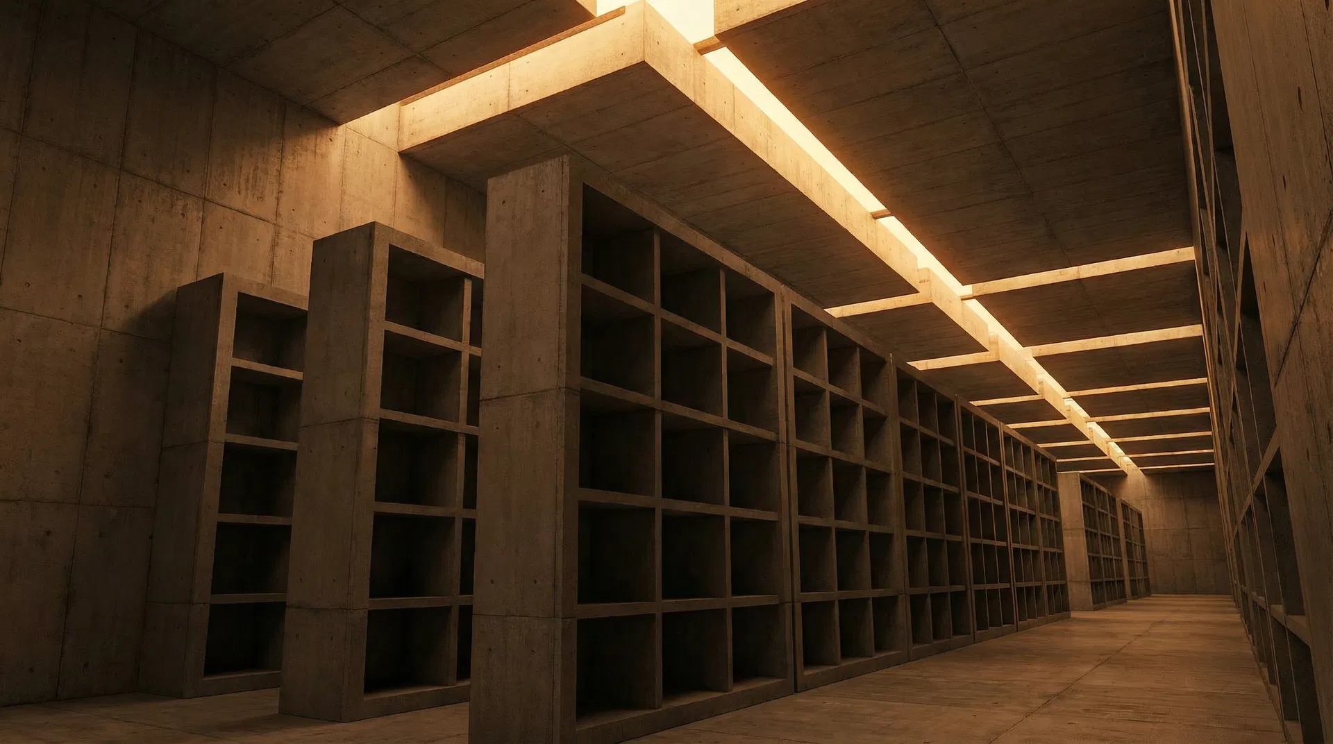 A brutalist warehouse interior with geometric concrete shelving and amber light  -  representing the post-purchase infrastructure of agentic commerce